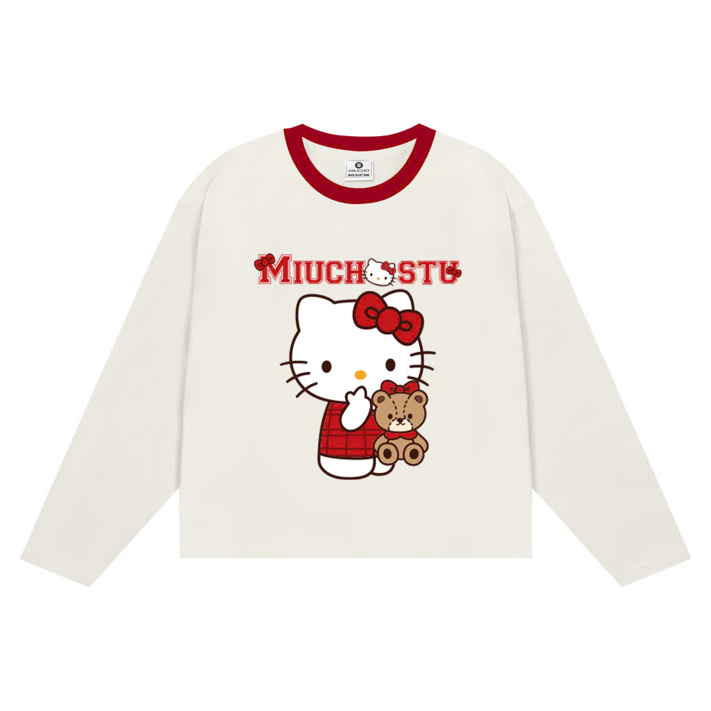 Áo thun boxy tay dài Miucho chất vải thoáng mát mềm mại phối cổ mix màu Kitty đỏ 2806_thumbnail_0
