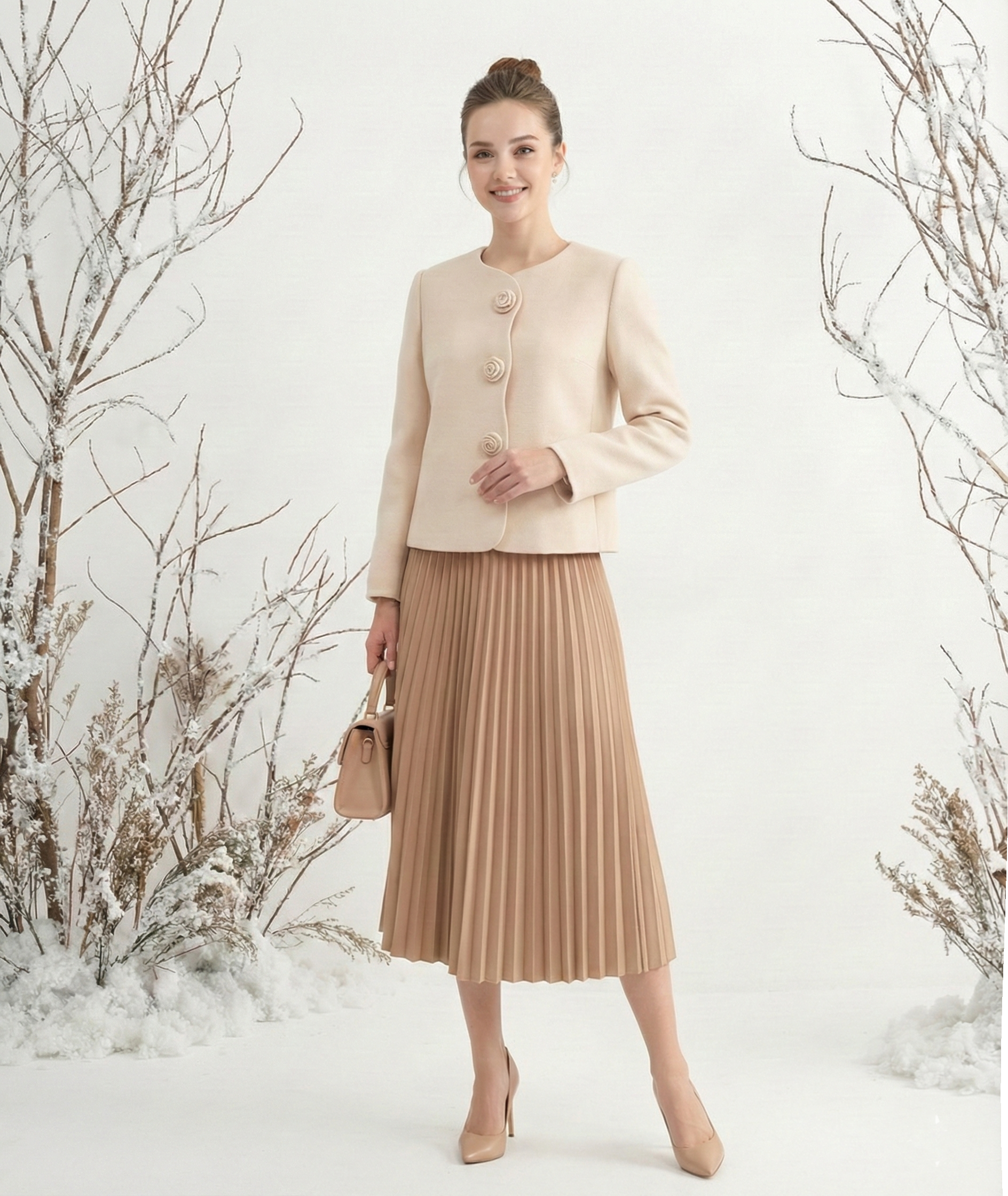 Áo khoác ngắn Vải dạ lông cừu Đính hoa thủ công Cổ tròn Tay dài Dài qua eo_thumbnail_5