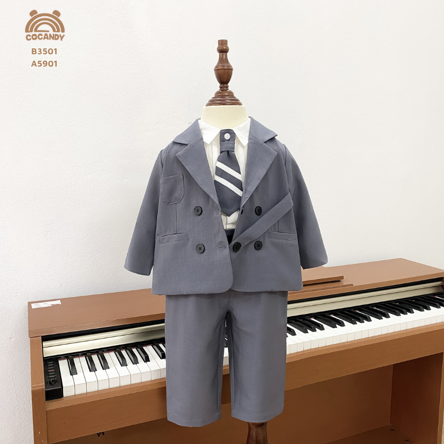 Bộ vest dài GHI ĐẬM 4 cúc phối dây cài