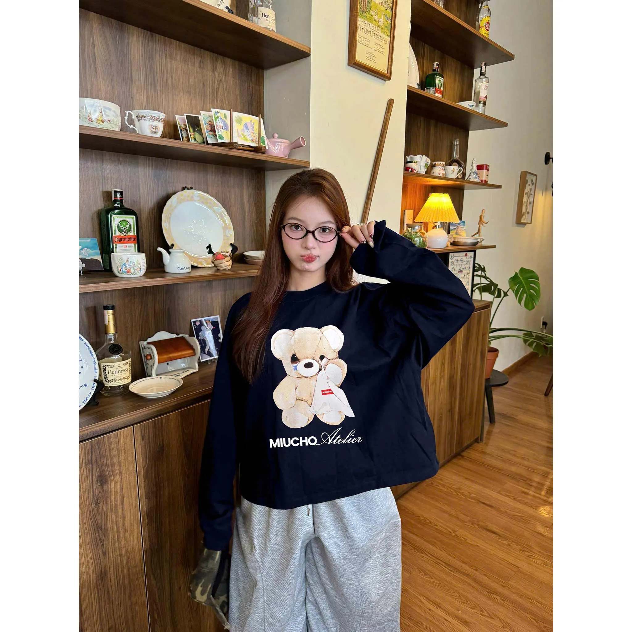 Áo thun form boxy tay dài Miucho cotton co giãn 2 chiều thoáng mát cổ tròn gấu bông in mix 2693_thumbnail_4