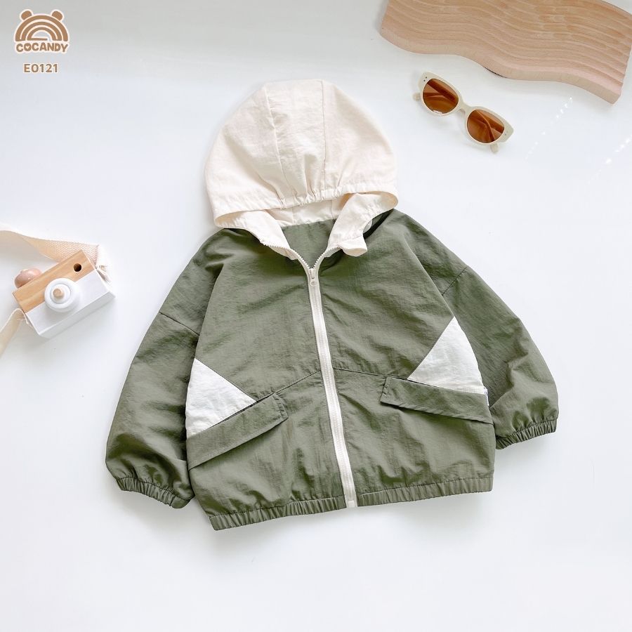 Áo khoác gió XANH RÊU phối mũ be 2 túi cạnh