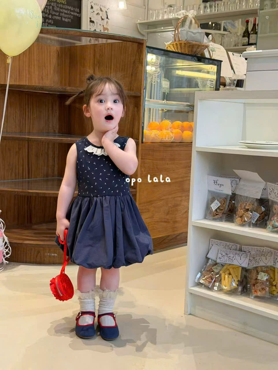 C139 - Váy sát nách chấm bi cổ bèo chân phồng màu navy hãng OPL (Sz90-130)