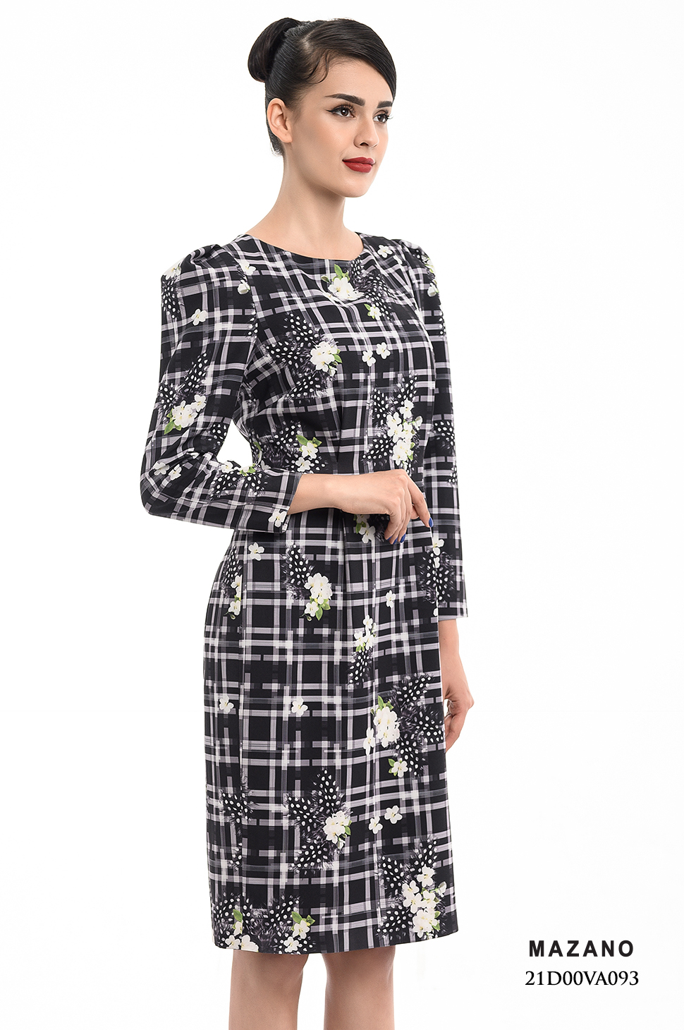 Đầm ôm họa tiết kẻ đính hoa thủ công phối tay bồng_thumbnail_3