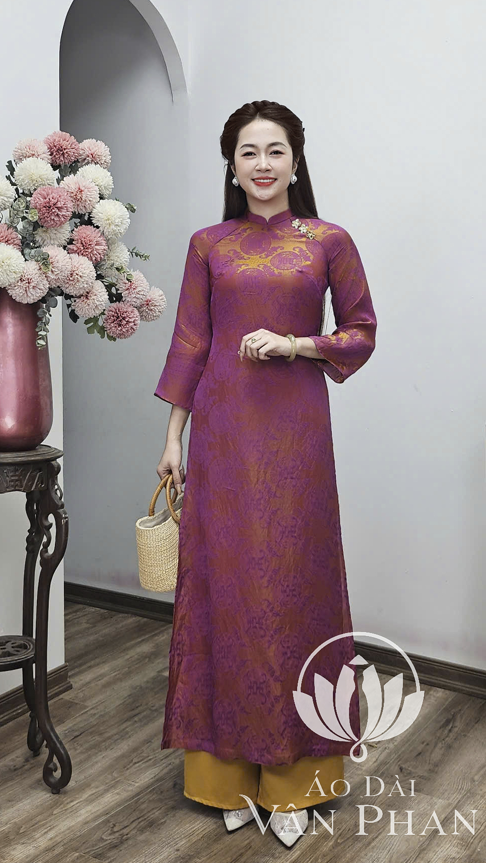 CT356 áo dài cách tân cổ 2p tay loe dài tằm tencel tím  hồng_thumbnail_2