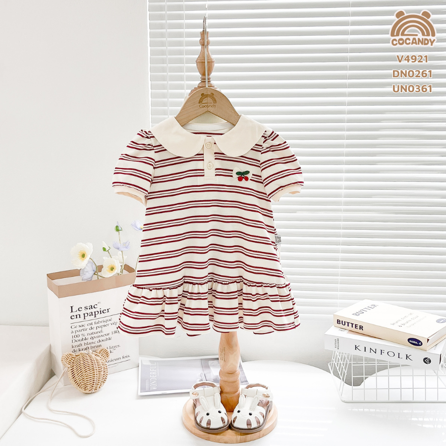 Váy cộc thun kẻ ĐỎ cổ bèo be