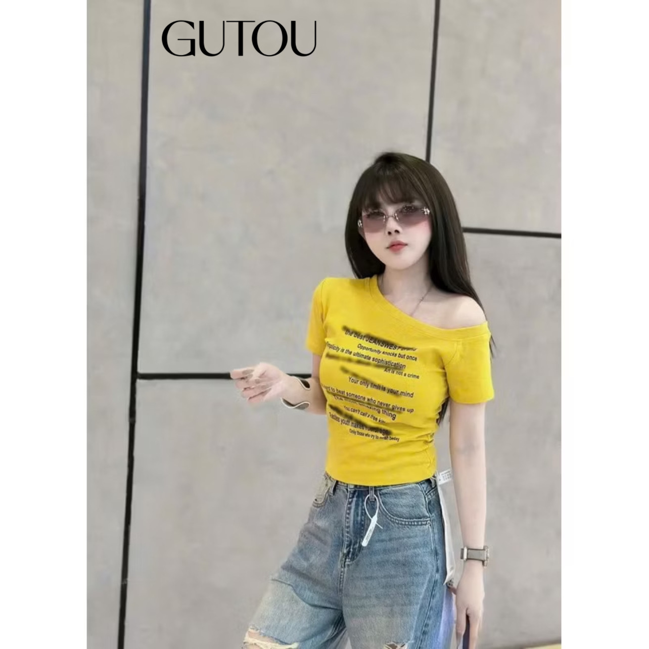 [ GUTOU ] Áo Thun Lệch Vai In Chữ Cá Tính_thumbnail_2