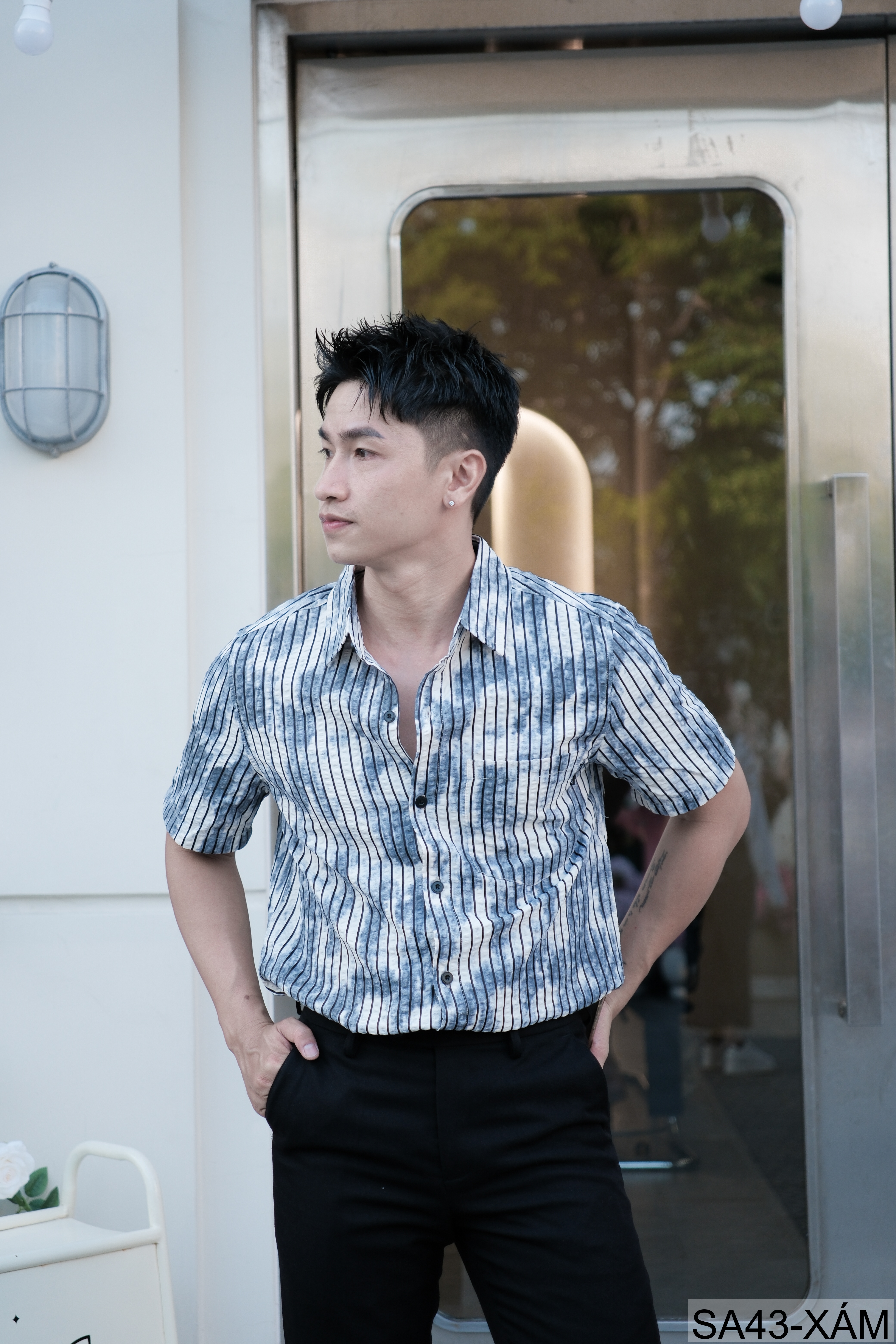 SA43 - Áo sơ mi nam tay ngắn sọc dọc phong cách streetwear, chất cotton thoáng mát, dáng rộng thoải mái