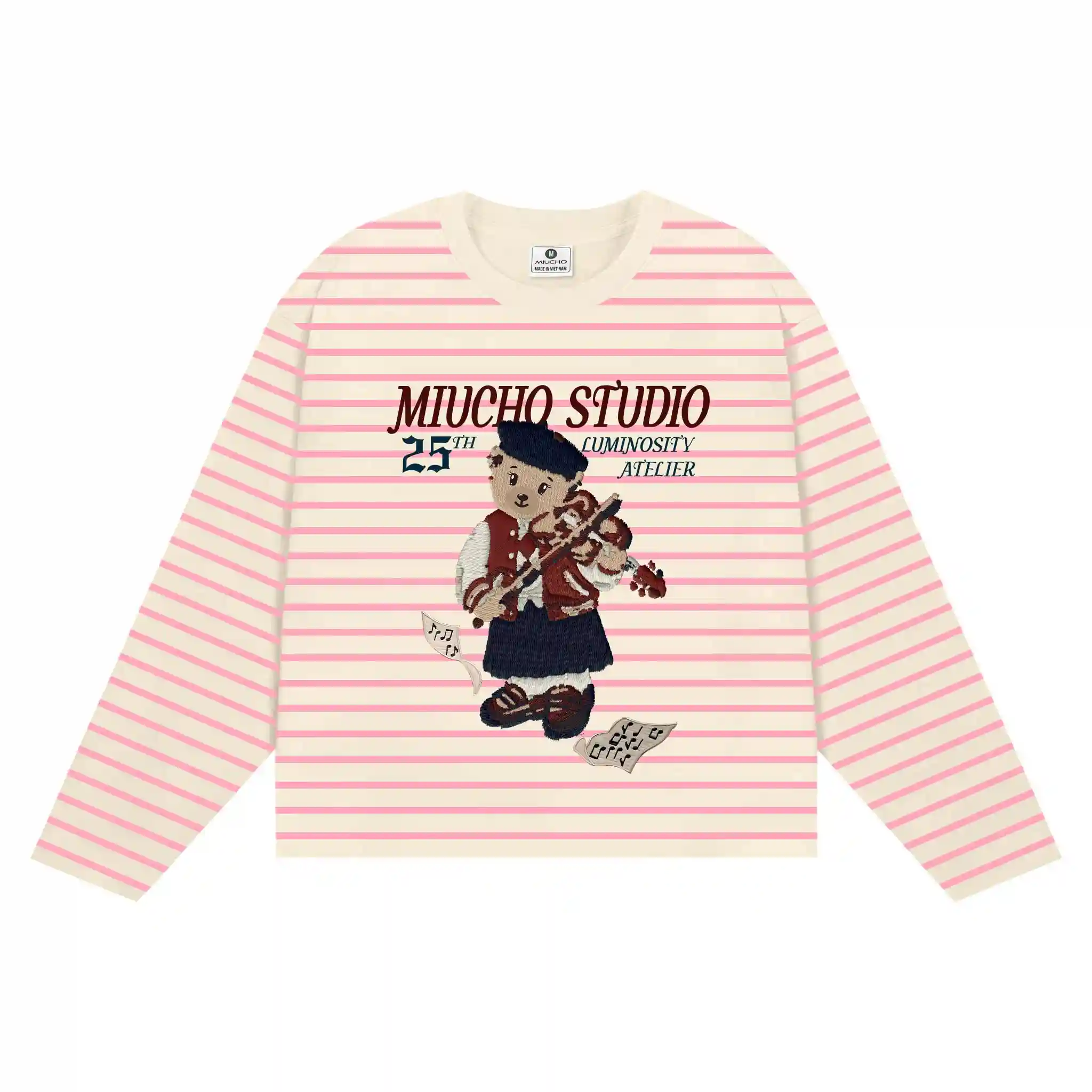 Áo thun boxy tay dài unisex Miucho Studio vải bo rip cao cấp thoáng mát gấu teddy kẻ sọc mix màu 2708_thumbnail_6