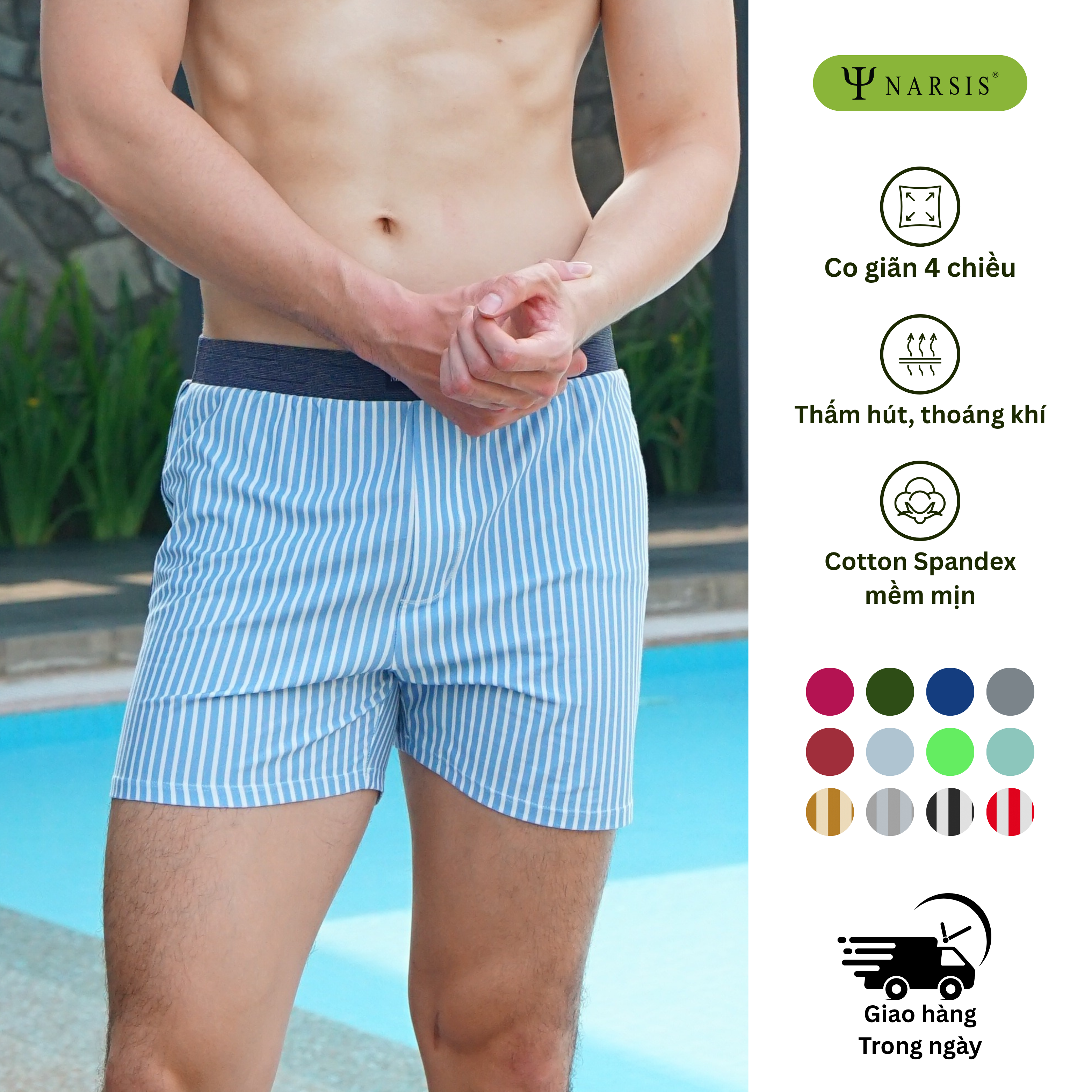 Quần đùi nam big size Narsis S25005 chất Cotton Spandex màu Kẻ nhí xanh, thiết kế thoáng khí, phù hợp mùa hè_thumbnail_0