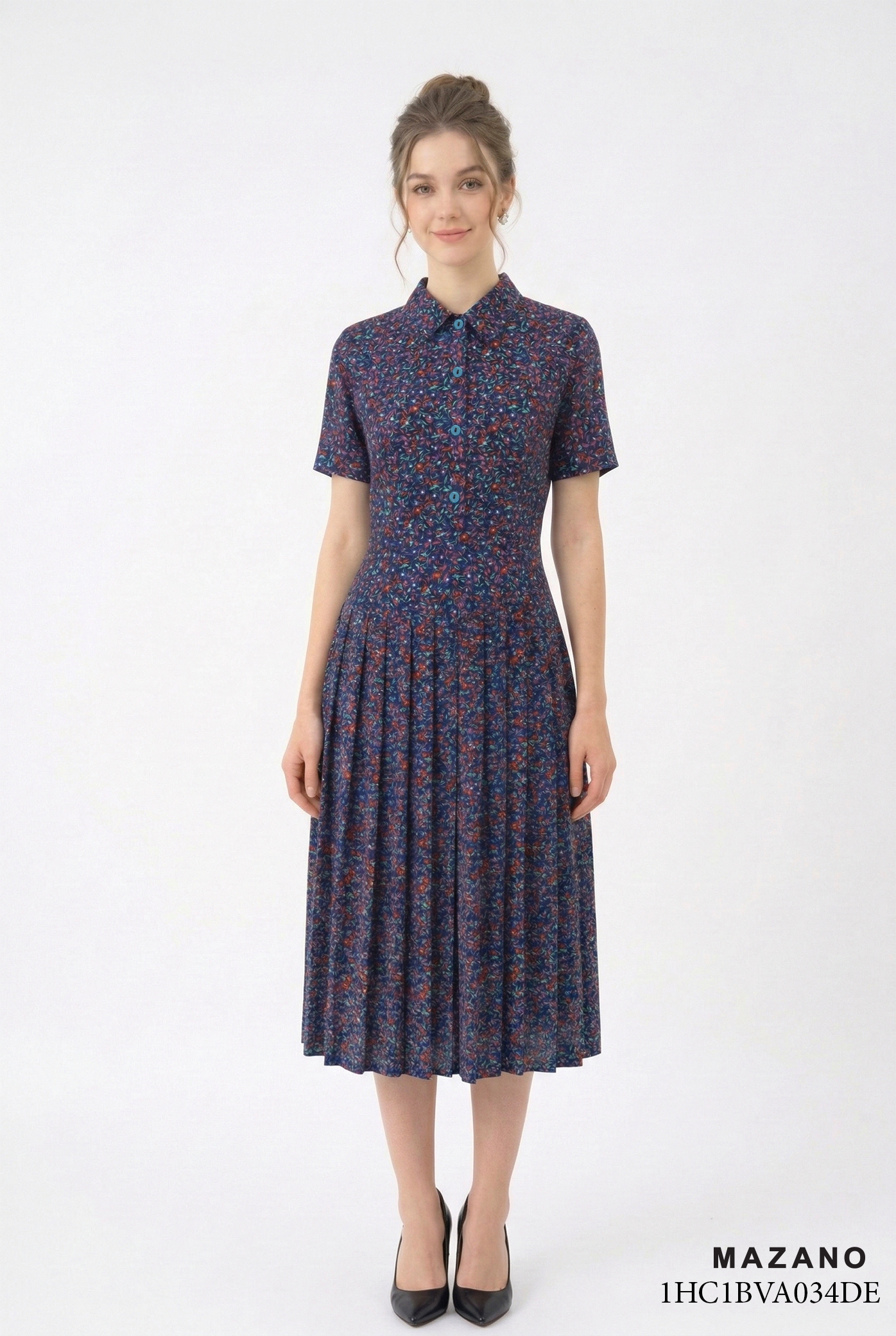 Đầm vải voan dày in hoa nhí xanh dáng ôm chân xếp ly cổ sơ mi tay ngắn thiết kế MAZANO_thumbnail_4