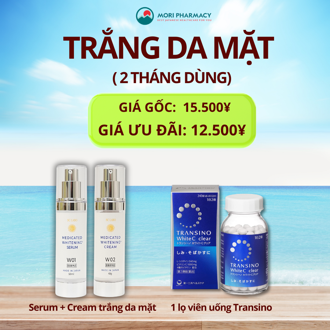 Combo trắng da mờ thâm ( Transino DƯỢC 3 + serum W01+ cream W02)