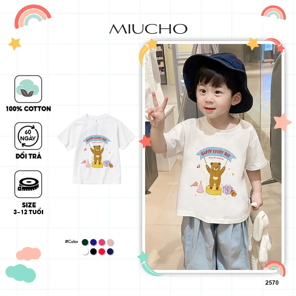 Áo thun cho bé form rộng Happy Birthday 2570 Miucho Kid vải cotton thoáng mát thấm hút mồ hôi