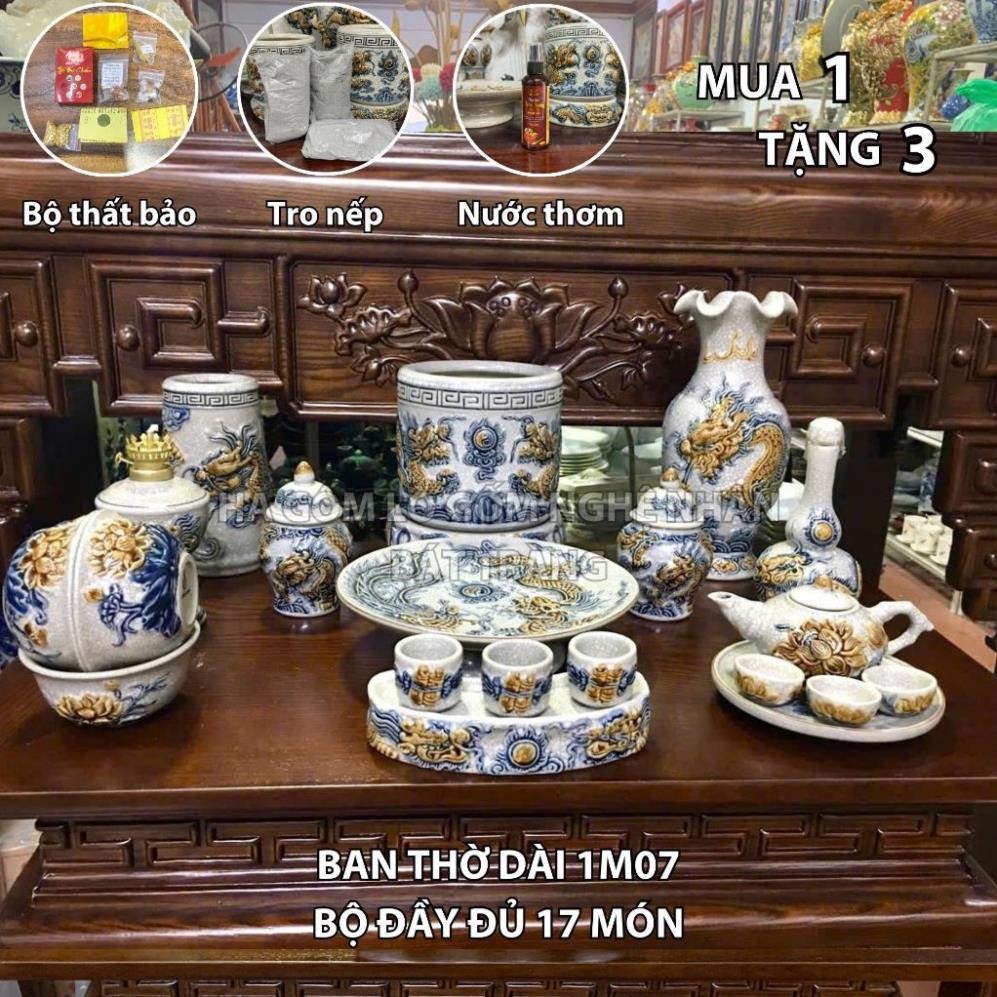 HG069 Đồ Thờ Cúng Bộ 17 món ban thờ 1M07 men rạn nổi nghệ nhân Bát Tràng chế tác TẶNG Thất Bảo, Tro Nếp