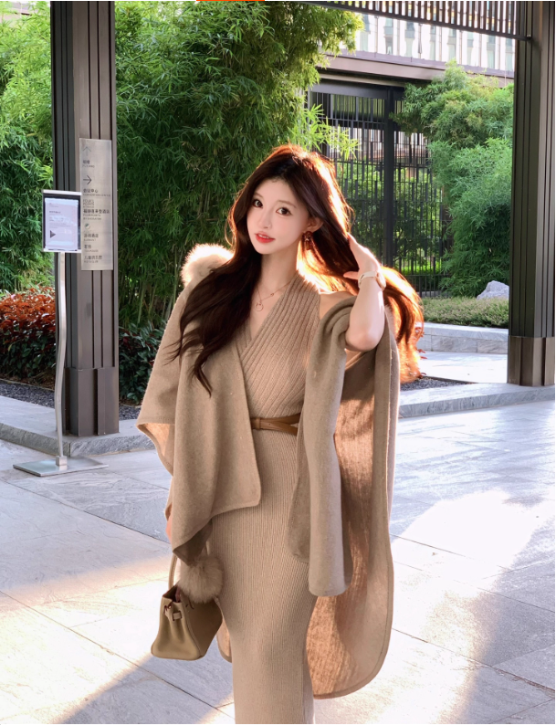 Áo Choàng & Đầm Len Dệt Kim Màu Kaki Phong Cách Pháp_thumbnail_3