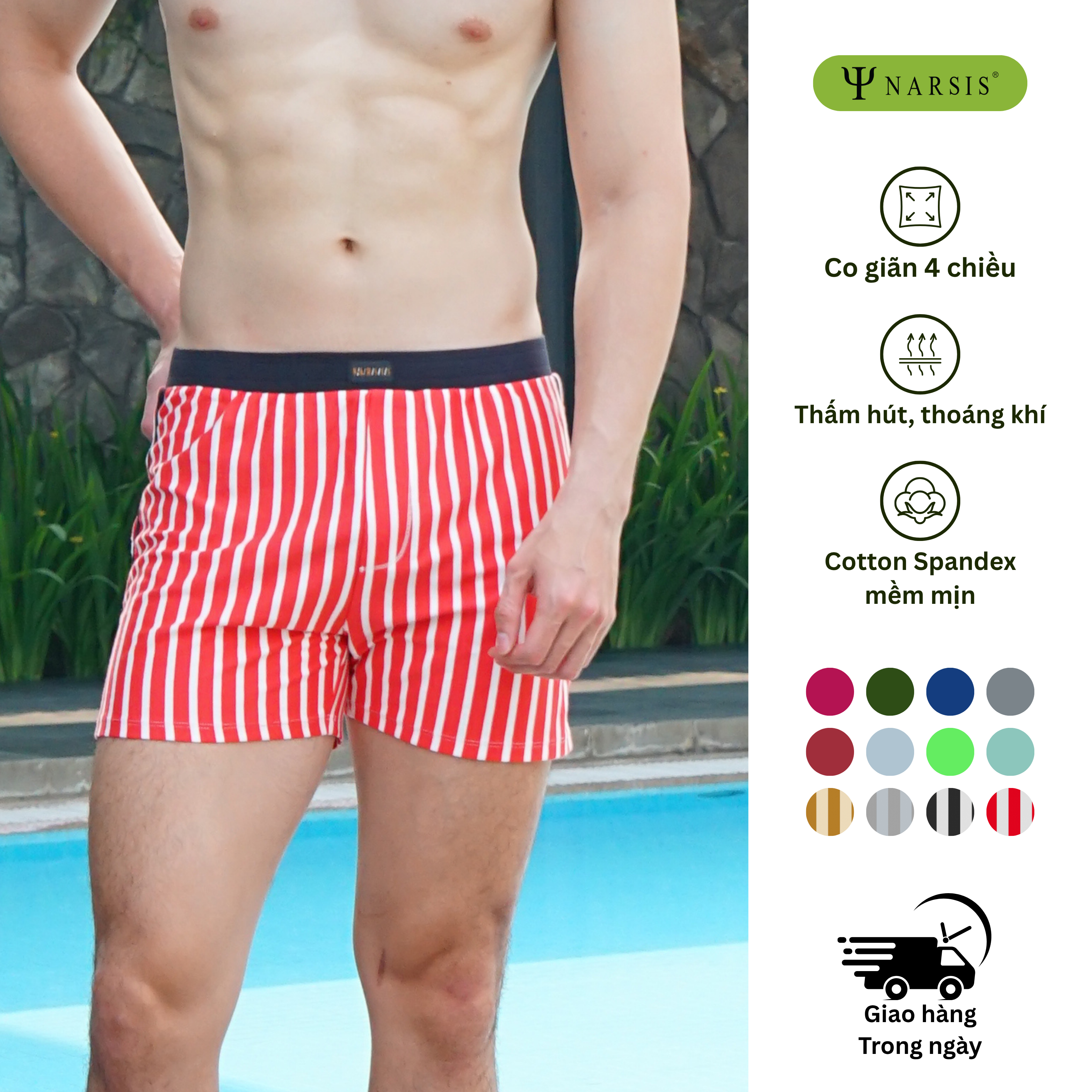 Quần đùi nam big size Narsis S25016 chất Cotton Spandex màu Kẻ đỏ, thiết kế thoáng khí, phù hợp mùa hè_thumbnail_0