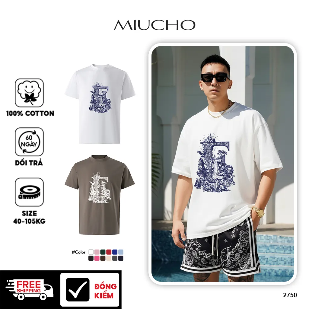 Áo thun nam form rộng Miucho Iconic cotton thoáng mát thấm hút tốt nhiều màu in chữ cái E 2750