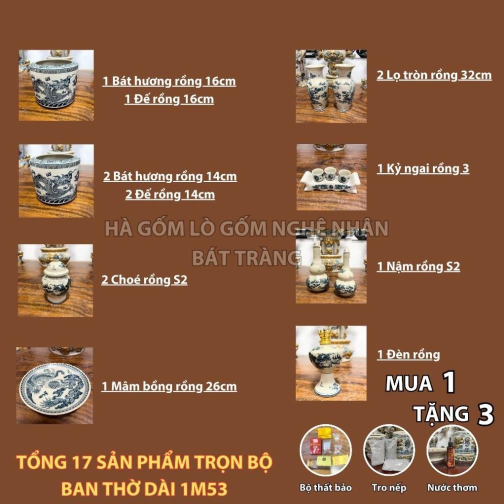 HG121 Đồ Thờ Cúng Bộ 17 món ban thờ 1M53 men rạn trơn nghệ nhân Bát Tràng chế tác TẶNG Thất Bảo, Tro Nếp_thumbnail_1