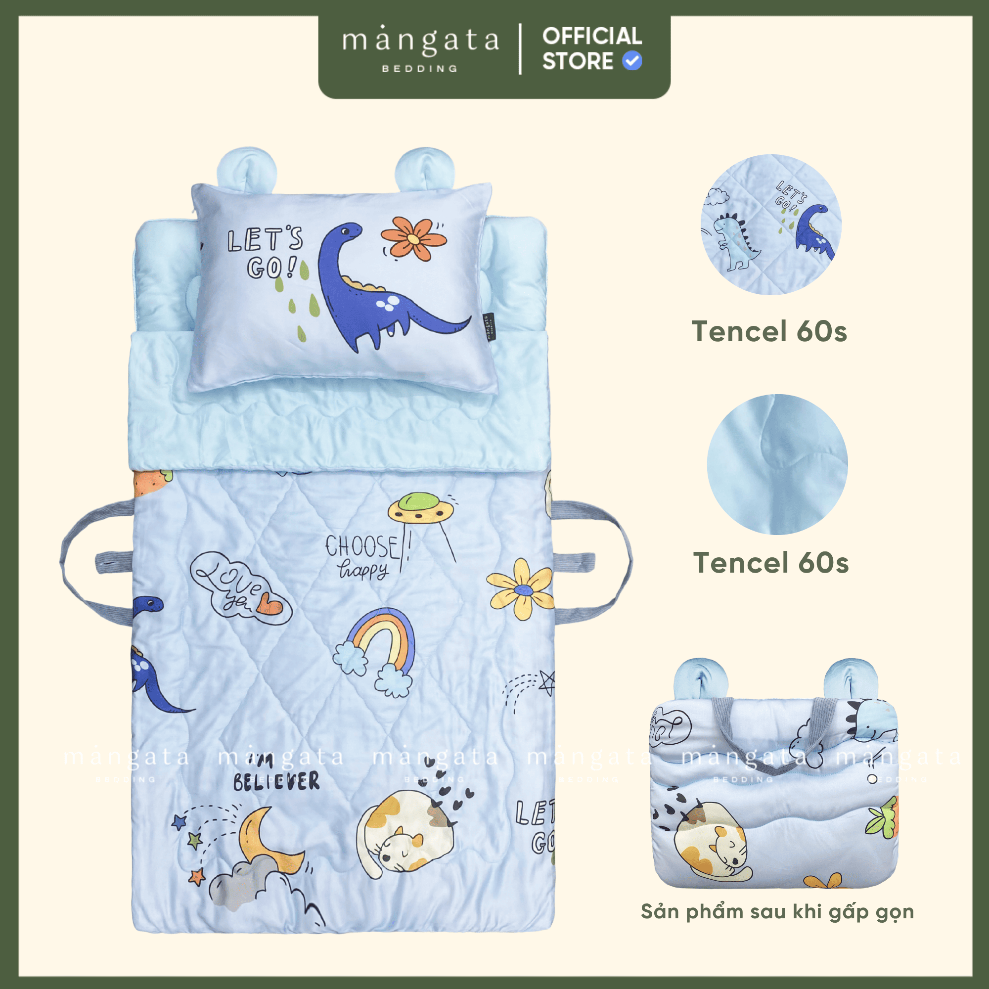 Mẫu Khủng long mèo - Bộ chăn gối gấp gọn đi học