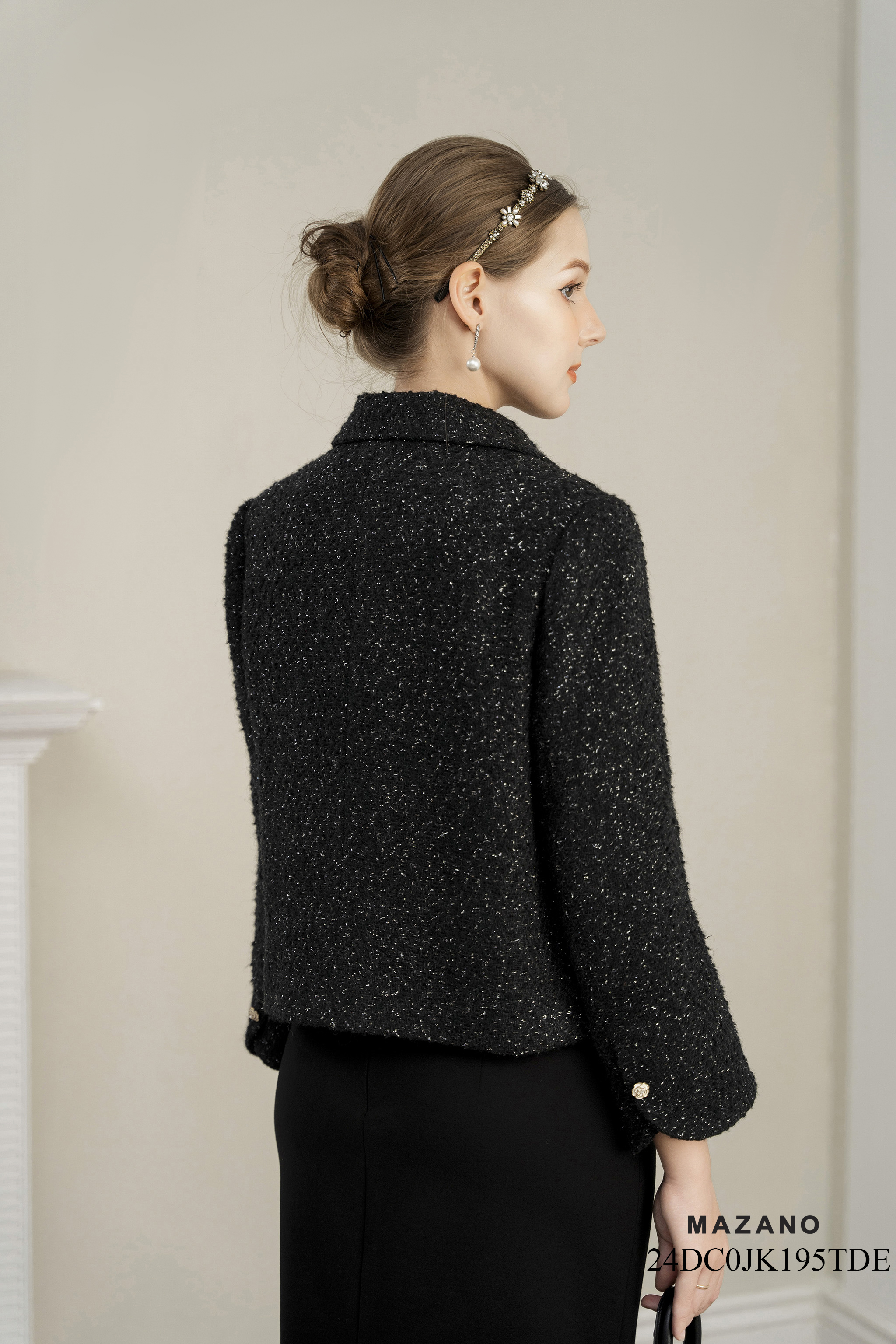 Áo khoác ngắn Vải dạ tweed Đính hoa thủ công Cổ sen Tay dài Dài qua eo_thumbnail_5