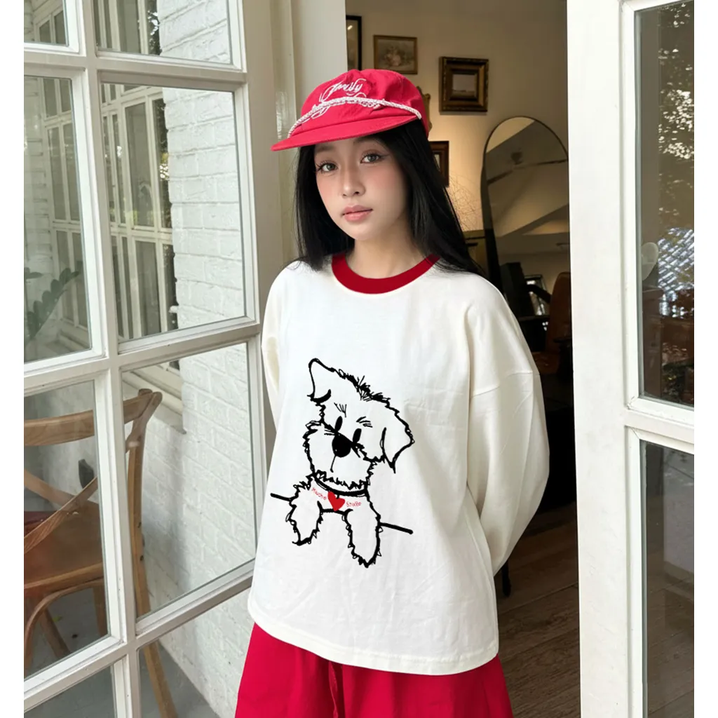 Áo thun boxy tay dài Miucho chất vải thoáng mát đứng form hình cún đáng yêu in artwork 2835_thumbnail_5