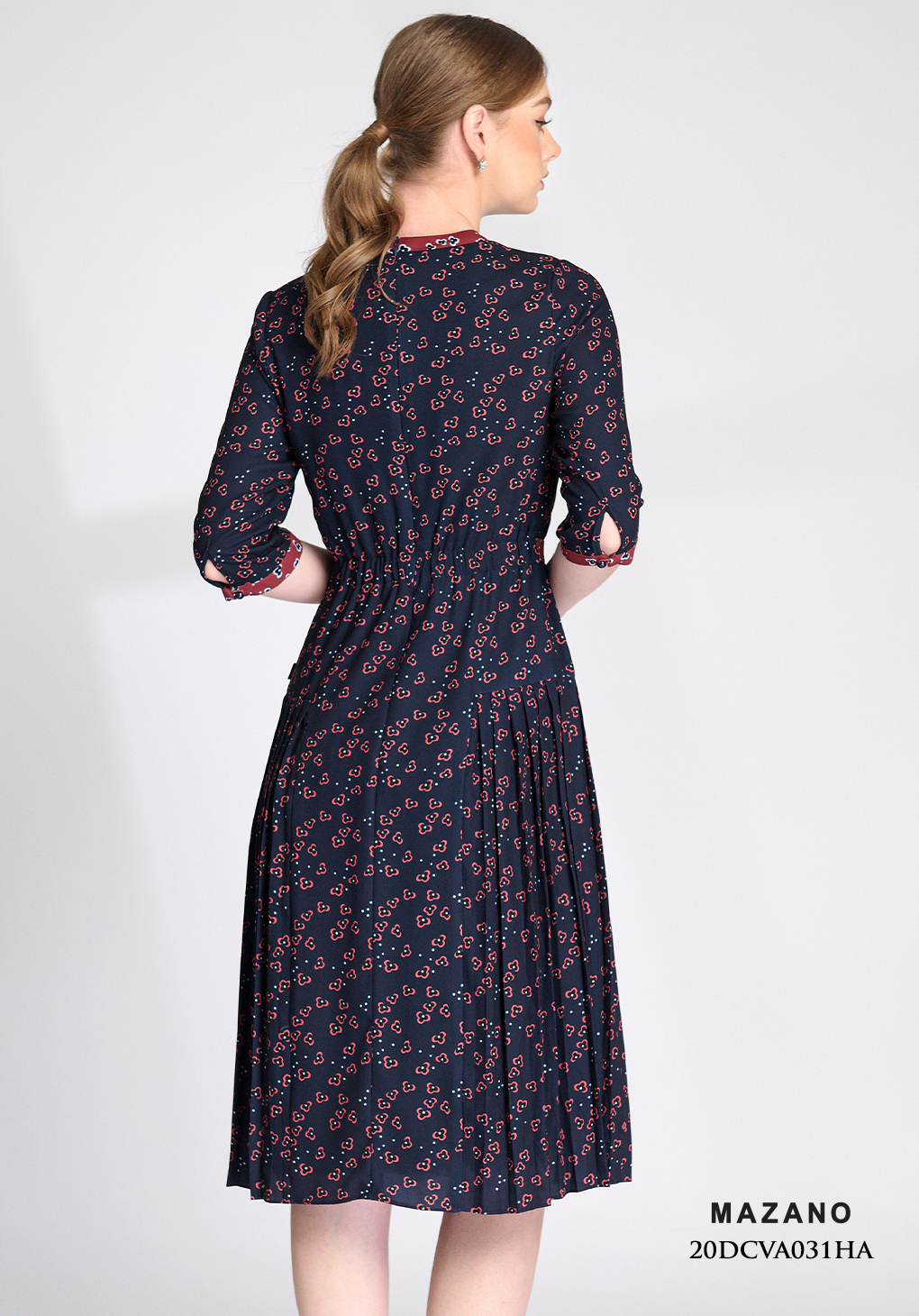 Đầm xanh than in hoa nhí xếp ly phối màu nhấn eo_thumbnail_5