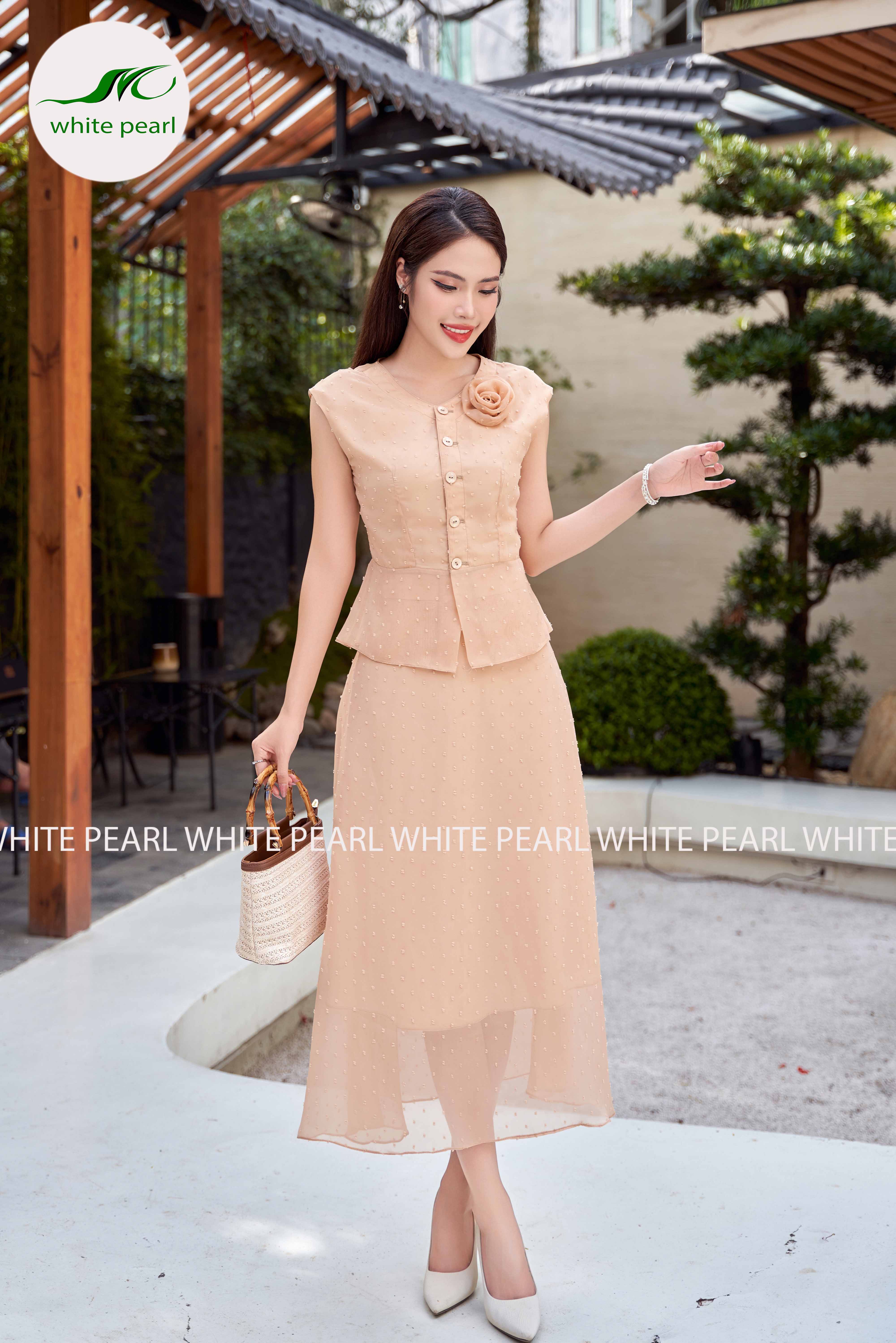 SET Áo bepzum kết hợp chân váy xòe Màu Da thời trang công sở cao cấp White Pearl_thumbnail_0