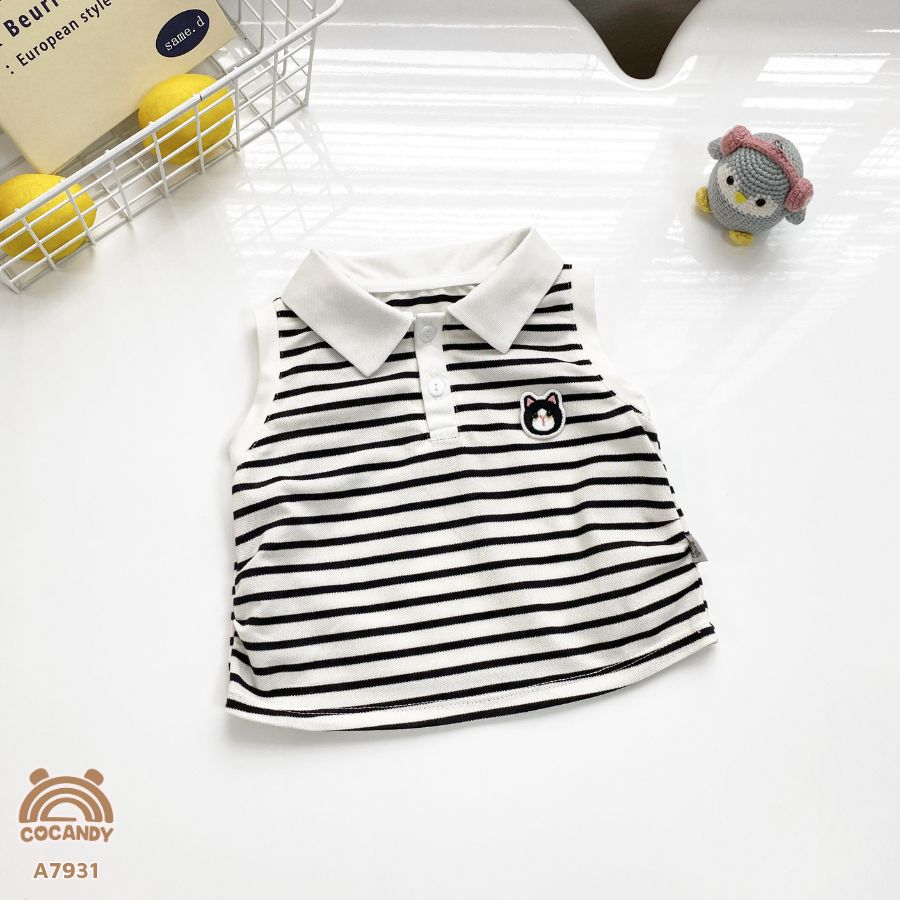 Áo cộc kẻ ĐEN sát nách cổ bẻ phối mèo đen_thumbnail_2