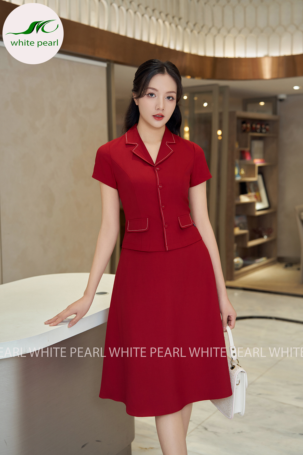 Áo ký giả cổ K đột chỉ kèm chân váy xòe thời trang công sở cao cấp White Pearl AK2401_thumbnail_12