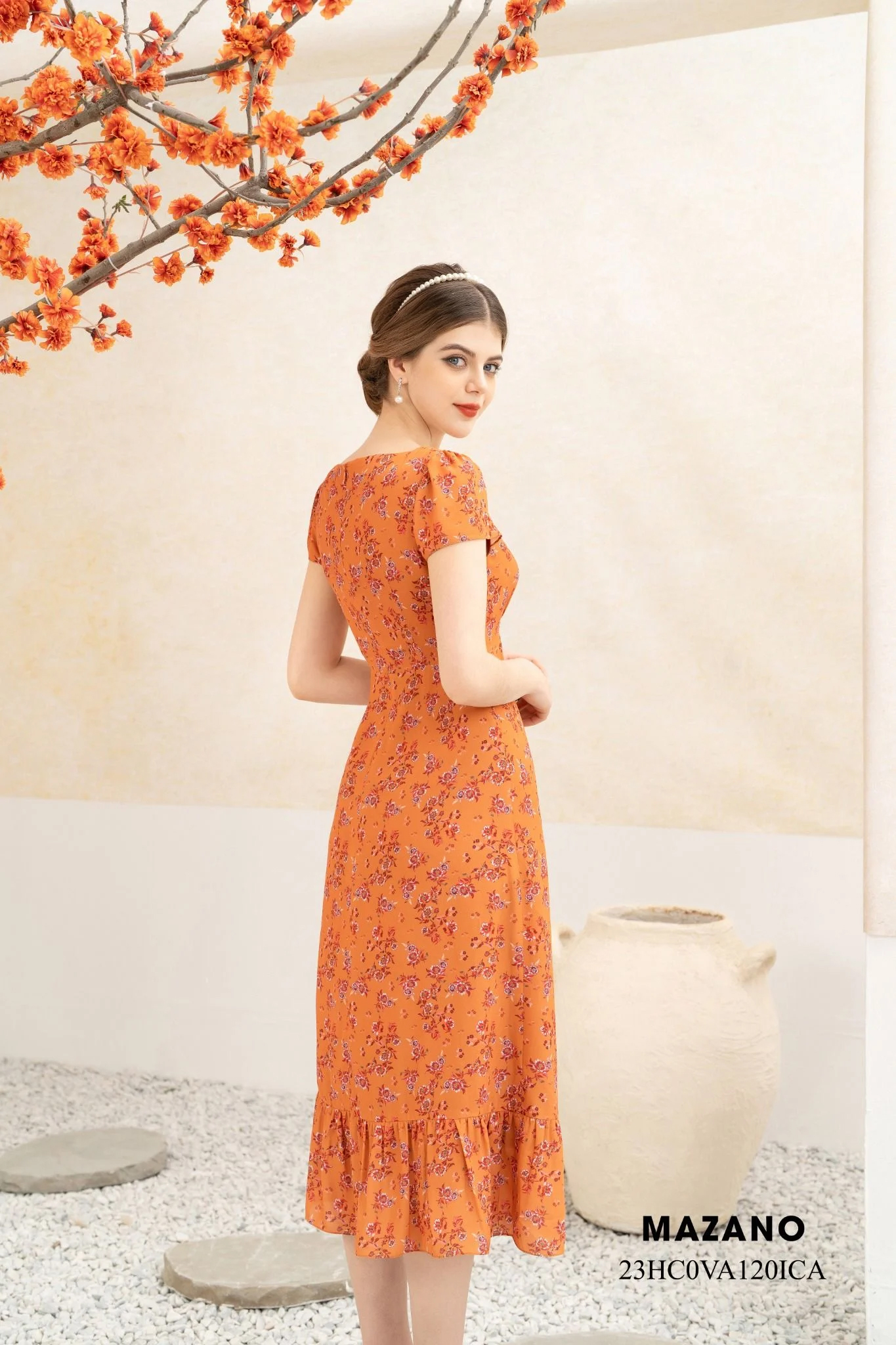 Váy Đầm Ôm Vải chiffon dày Hoạ tiết hoa in Cổ cách điệu Tay ngắn Dài qua bắp chân_thumbnail_3