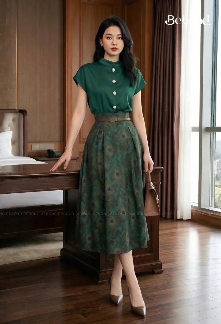 Chân váy hoạ tiết lông công VIONA màu XANH