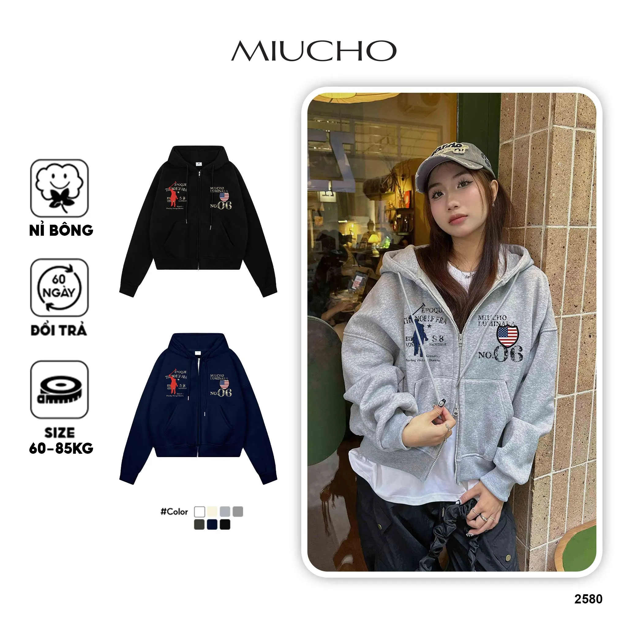 Áo hoodie zip form boxy unisex 2580 Miucho chất vải nỉ bông cao cấp thoáng mát có nón_thumbnail_1