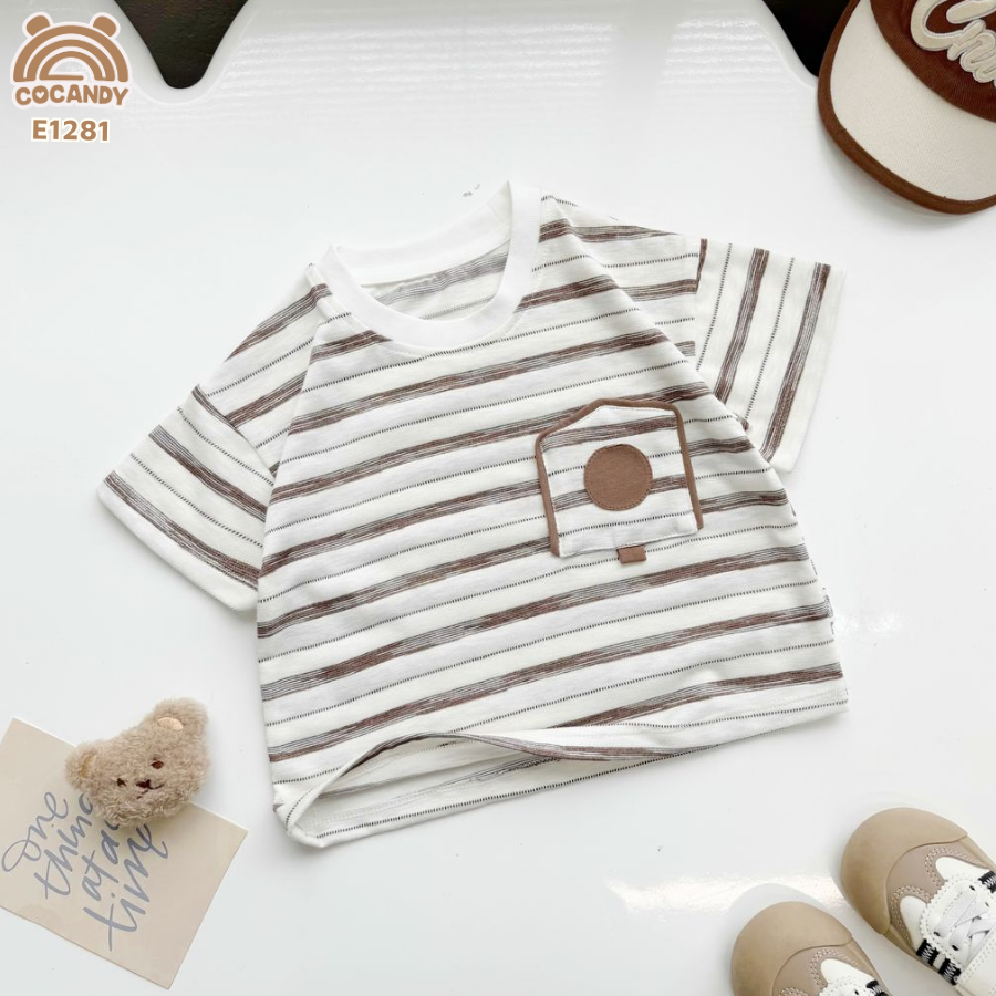 Áo cộc cotton kẻ NÂU BE phối túi ngực hòm thư_thumbnail_4