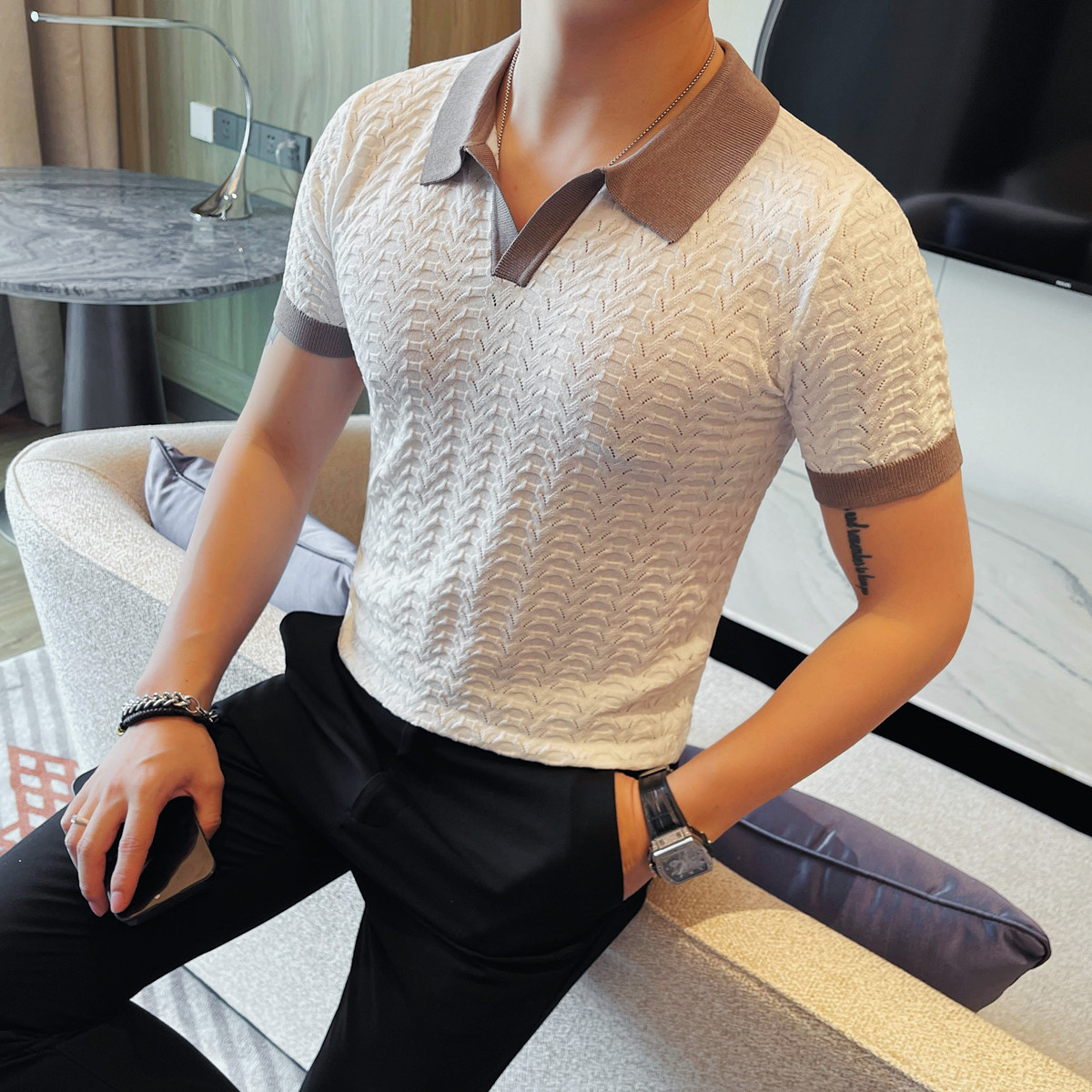 PA36 – Áo polo nam lụa đá dệt kim mỏng, cổ điển