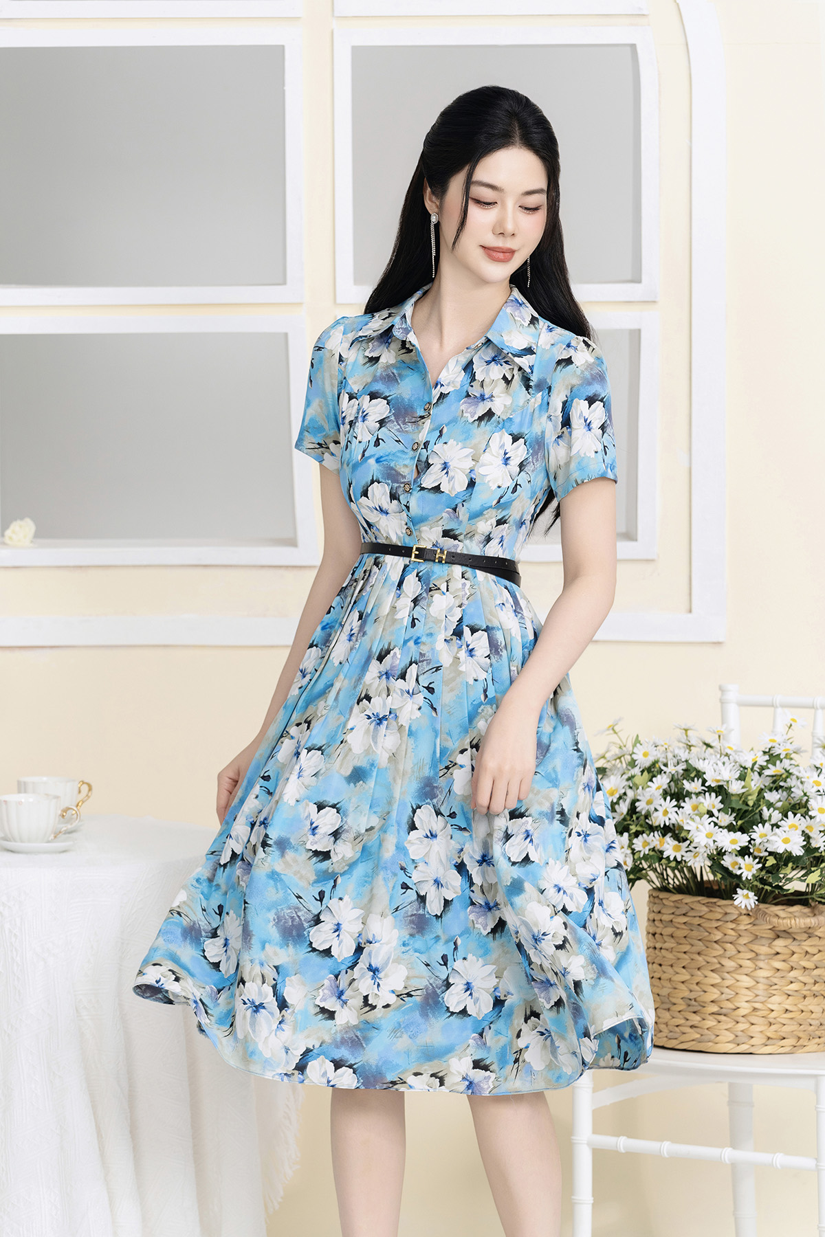 Đầm hoa xanh dáng xòe cổ đức tay ngắn đai eo D3047_thumbnail_3