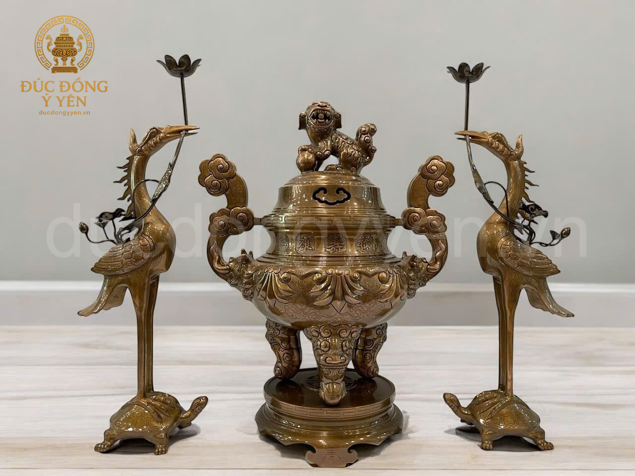 Bộ đỉnh tam sự đúc đồng đỏ hoa văn sòi đúc đồng đỏ làm màu giả cổ 