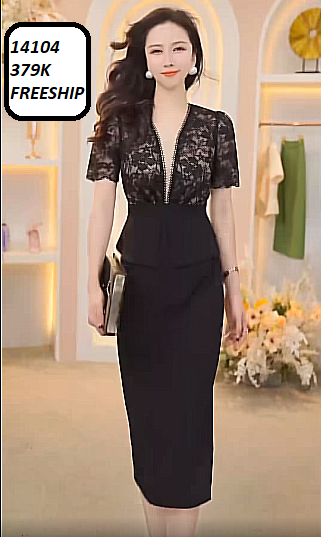 14104-Đầm body tay ngắn phối ren kiểu peplum(thun cát+ ren)FREESHIP_thumbnail_0