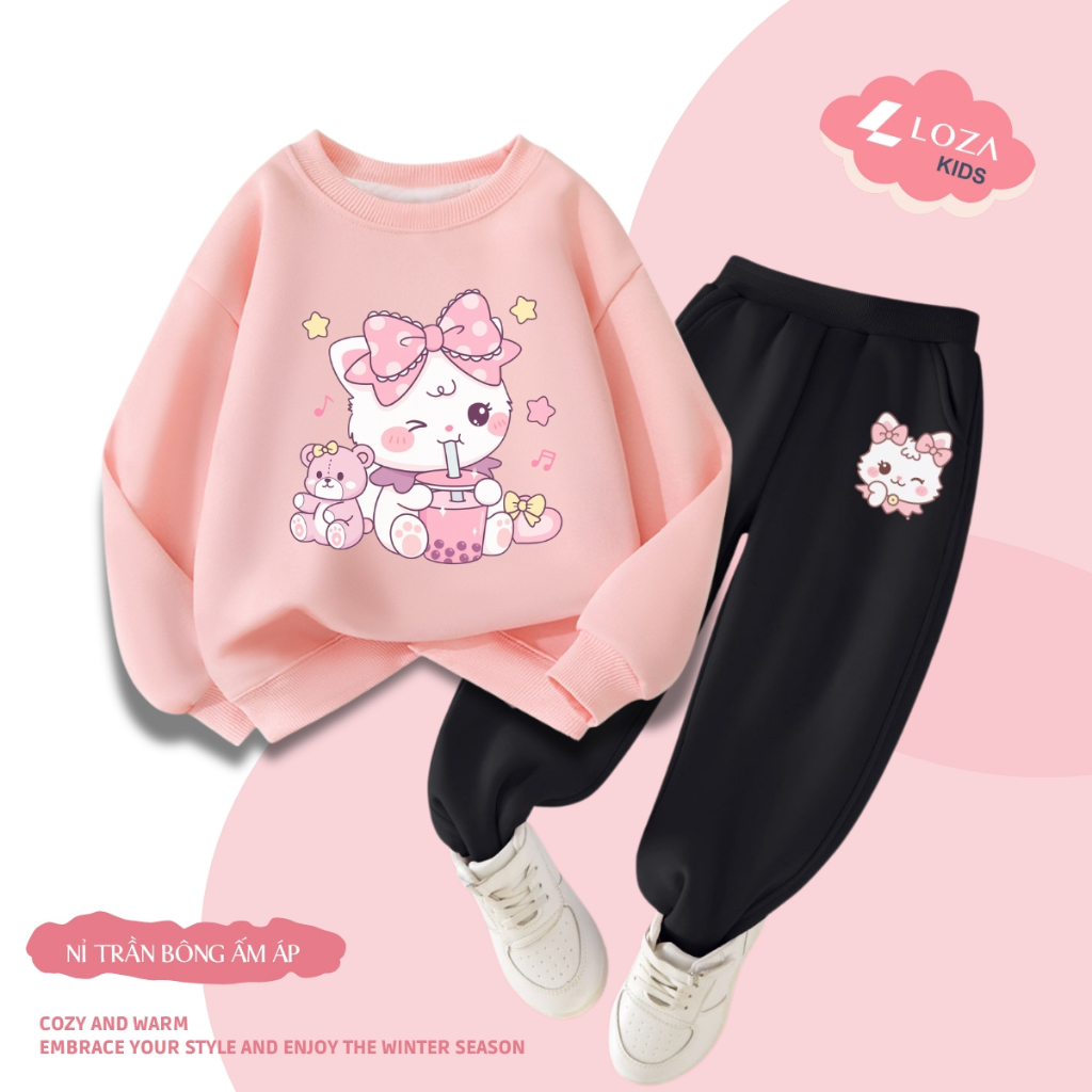Set bộ nỉ bé gái in mèo cute - Loza Kids BI478