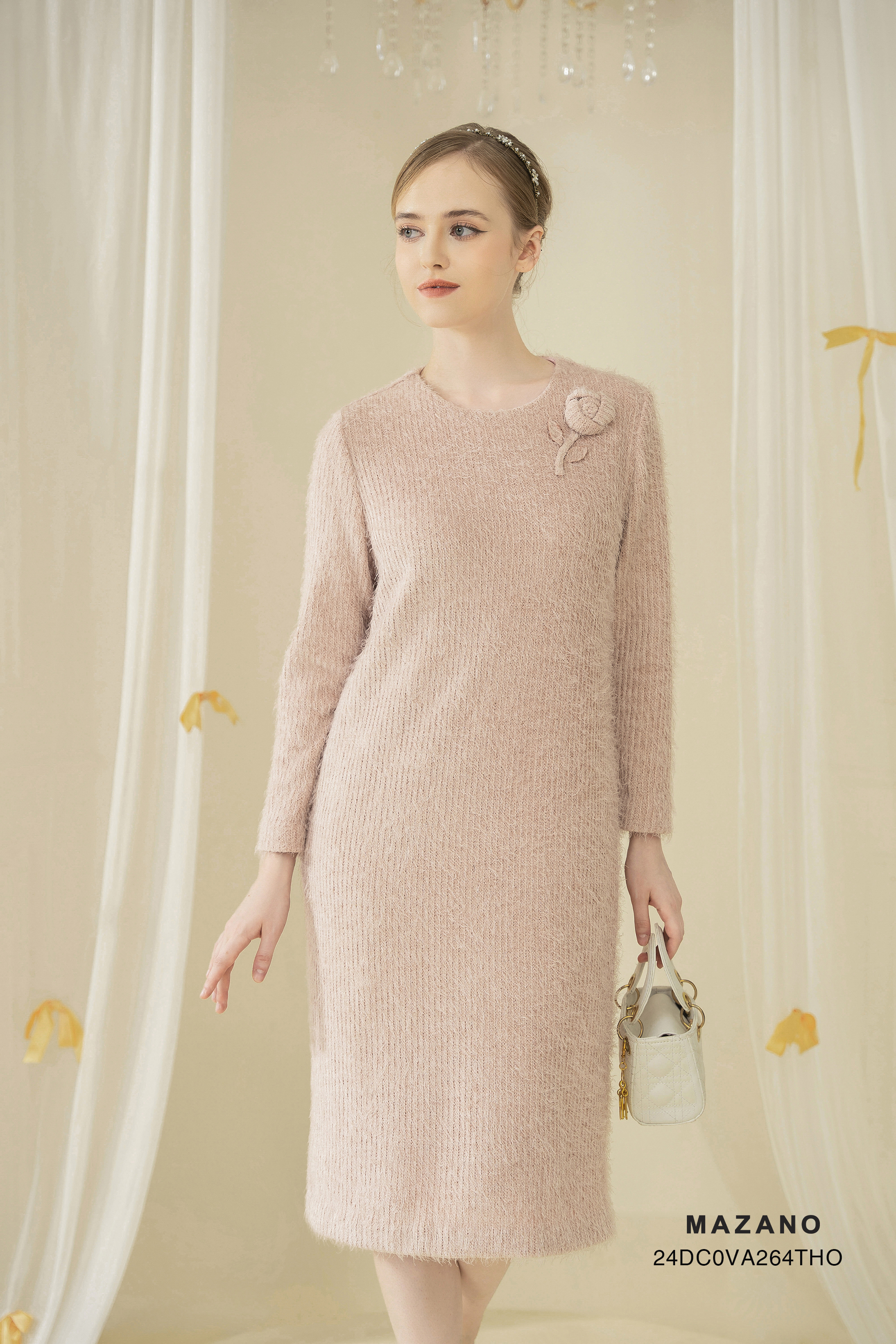 Váy Đầm suông Vải len Đắp hoa Cổ tròn Tay dài Dài tới bắp chân