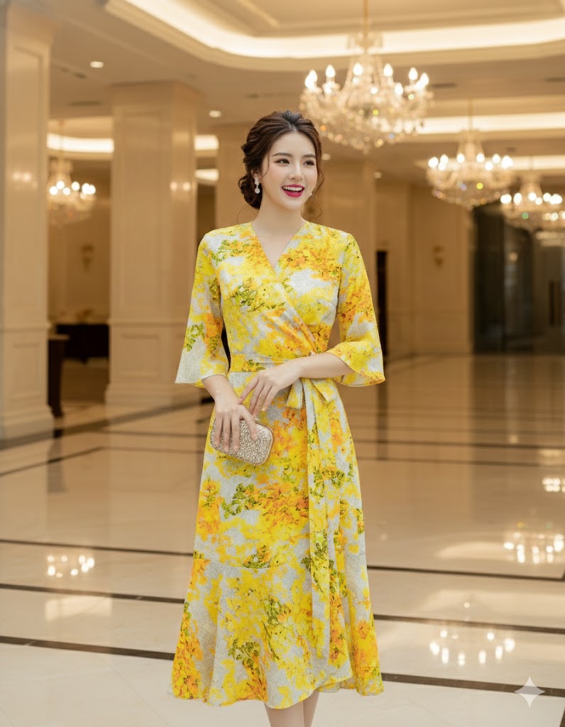 Đầm họa tiết cổ V đuôi cá kiểu đắp chéo cột eo_thumbnail_2