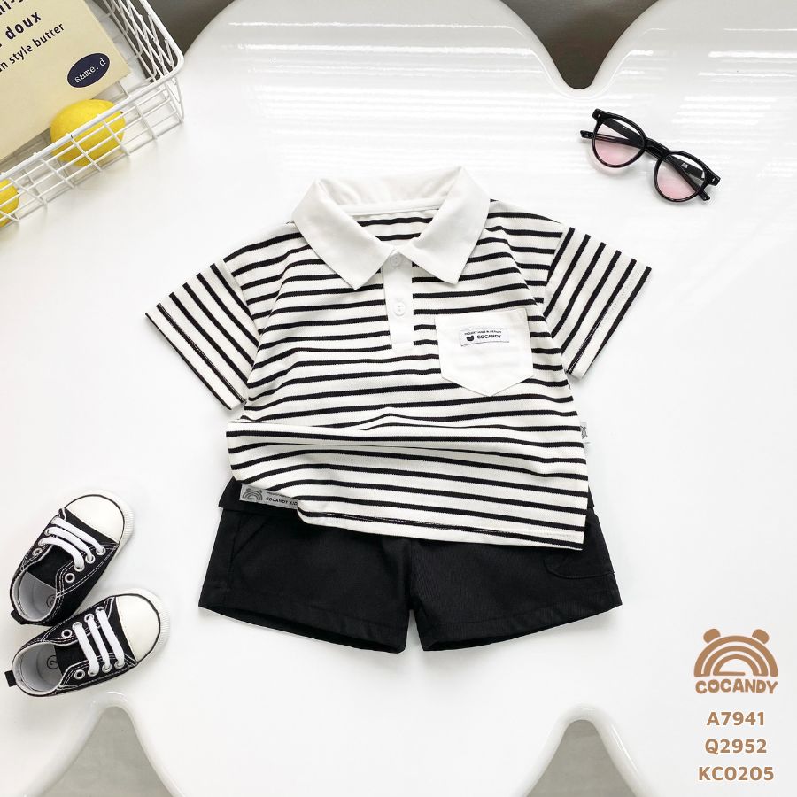 Áo cộc kẻ ĐEN cổ bẻ phối túi ngực CCD