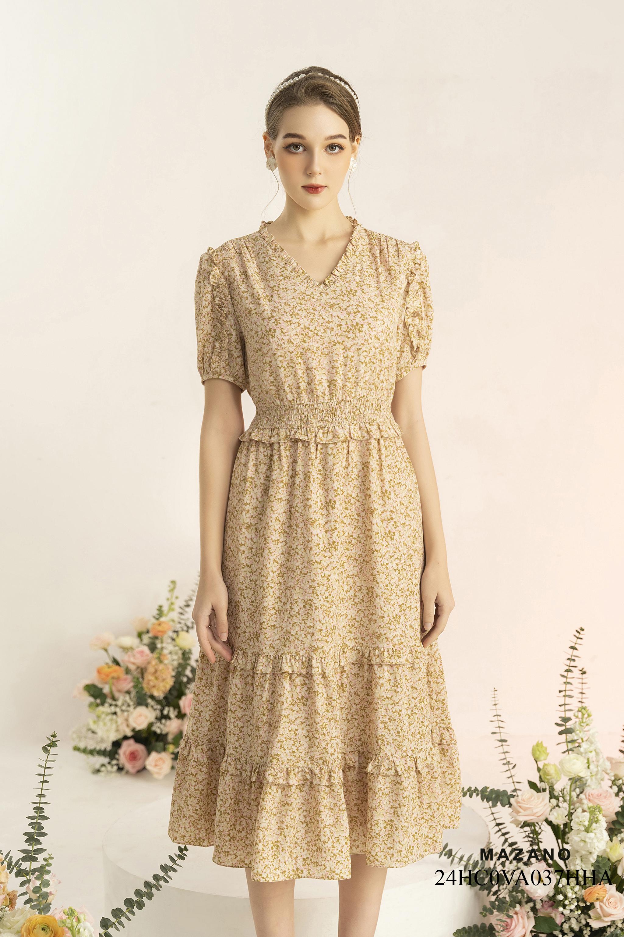 Đầm nâu nhạt hoa nhí pastel chun eo phối bèo tầng_thumbnail_1