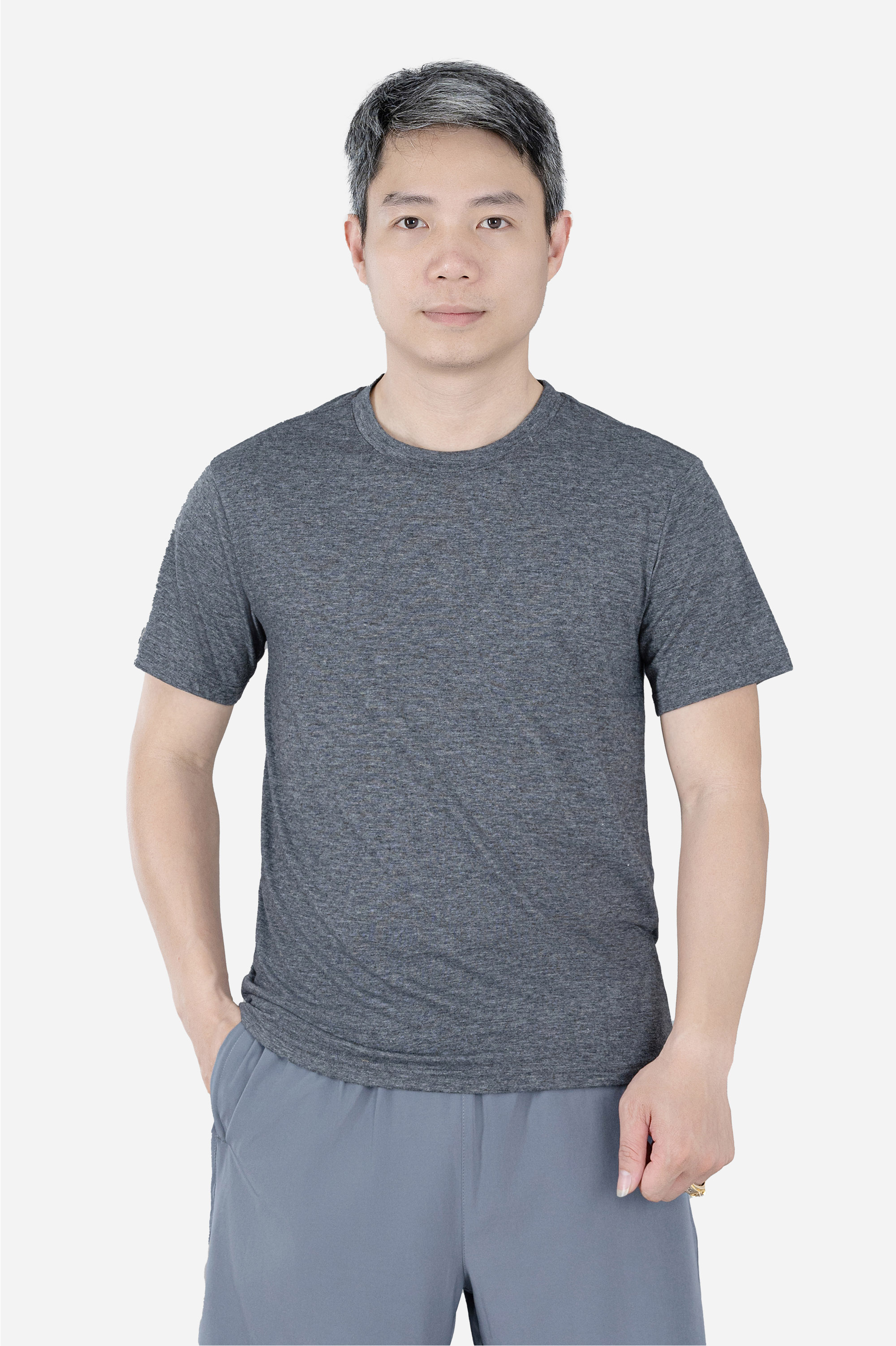 Áo Phông Cổ Tròn Nam Trung Niên ANCHI Chất Liệu Cotton Co Giãn Màu Xám Đậm