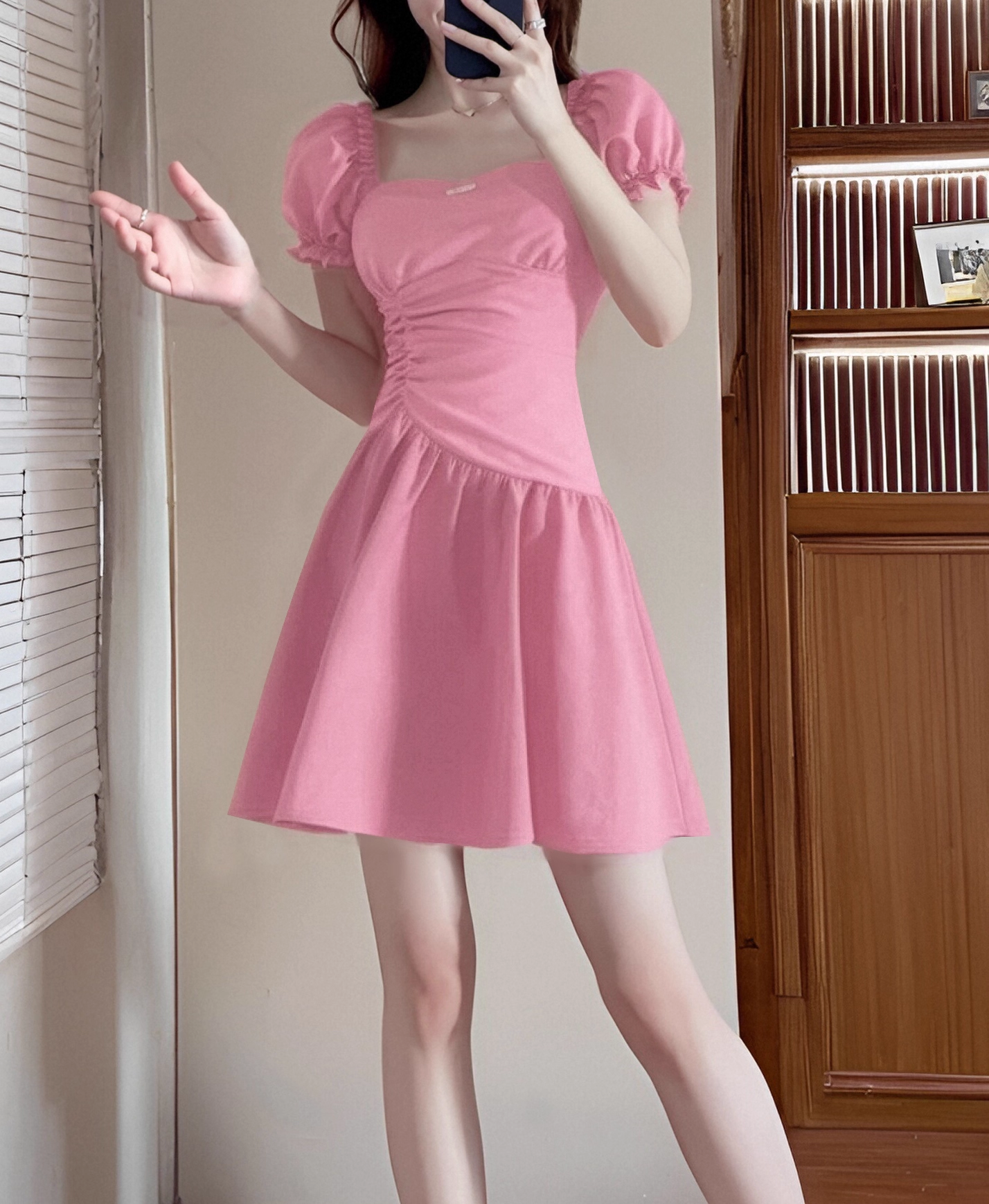 15173-Đầm hồng tay phồng eo nhún cách điệu ( lụa mịn)_thumbnail_2