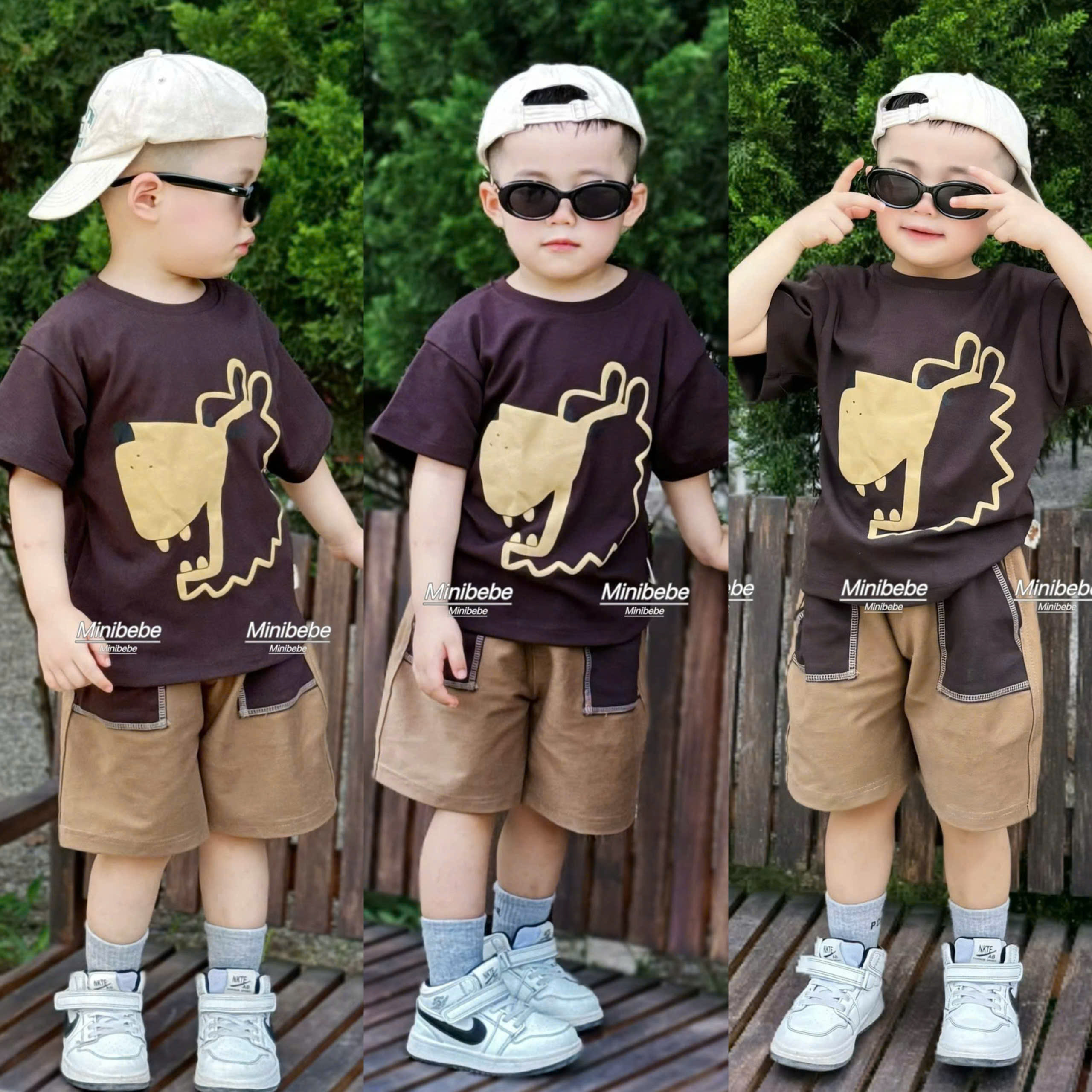 B02 BỘ CỘC ÁO NÂU VẼ VIỀN VÀNG CHÓ MŨI ĐEN- A117.1674