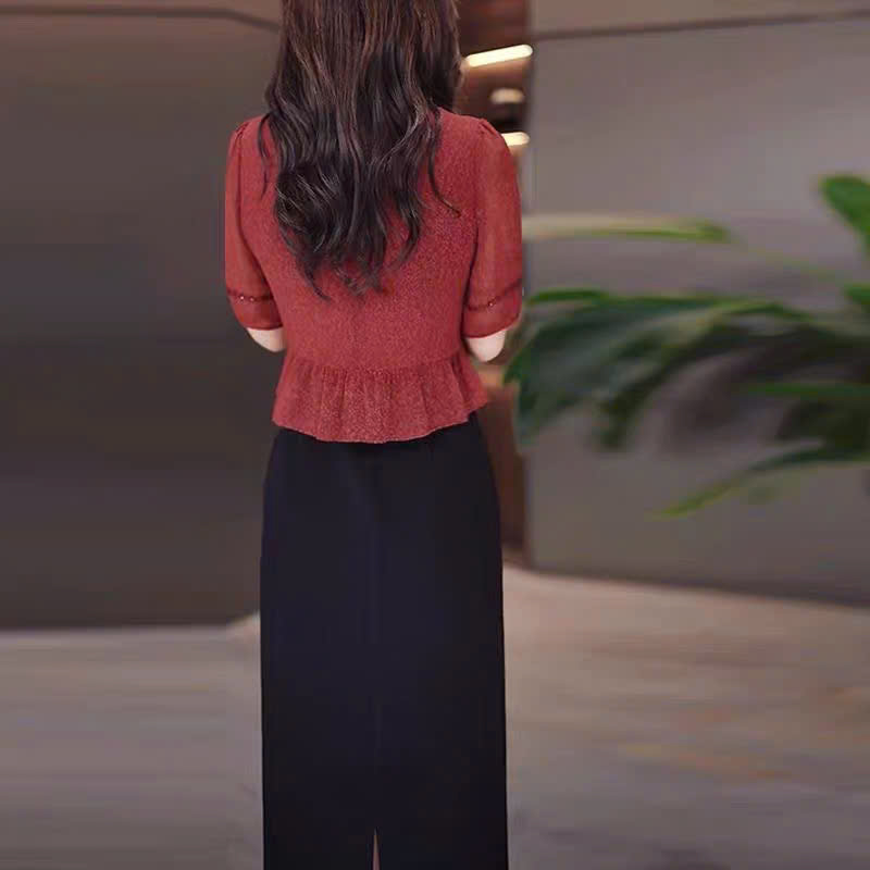 18361-Đầm liền thân phối 2 màu đỏ đen tay ngắn( lụa,voan)_thumbnail_3