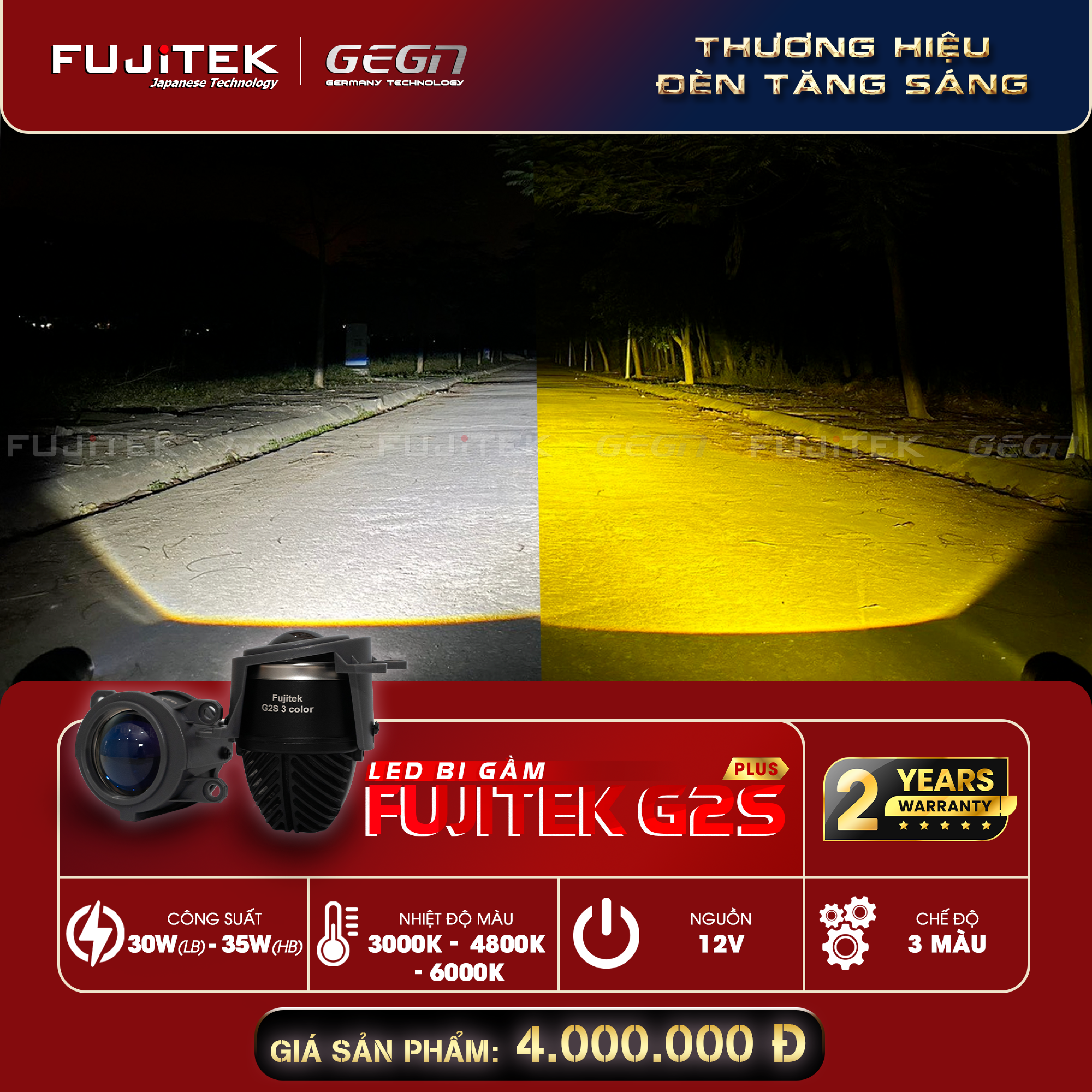 Fujitek G2S Plus Bi gầm Led 2 inch 3 chế độ màu kích cỡ nhỏ 