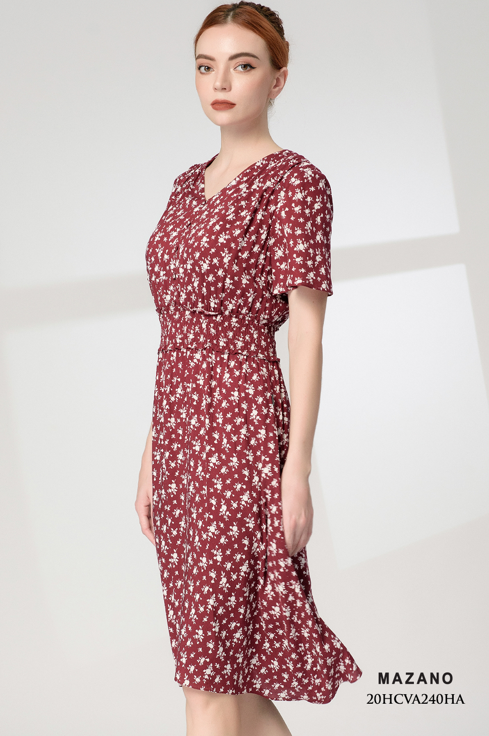 Đầm đỏ hoa nhí xòe rủ nhún bèo eo_thumbnail_2