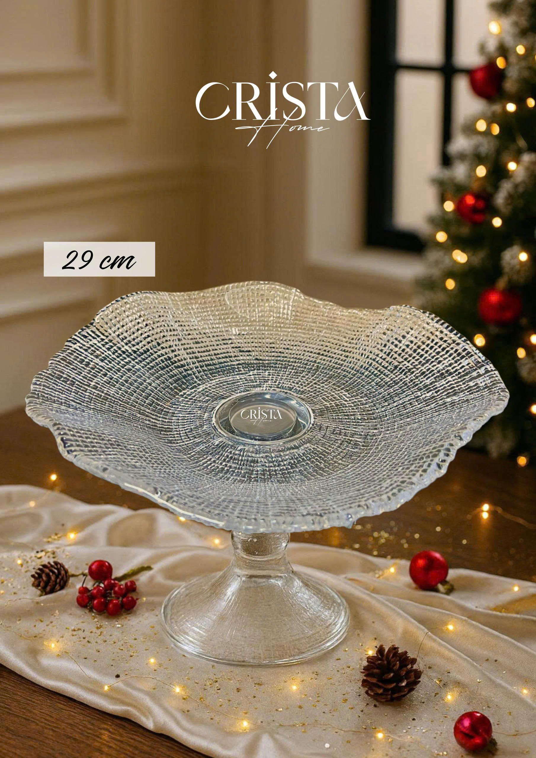 Đĩa thủy tinh cao cấp CRISTA HOME chân bồng vân lưới size 29 cm_thumbnail_2
