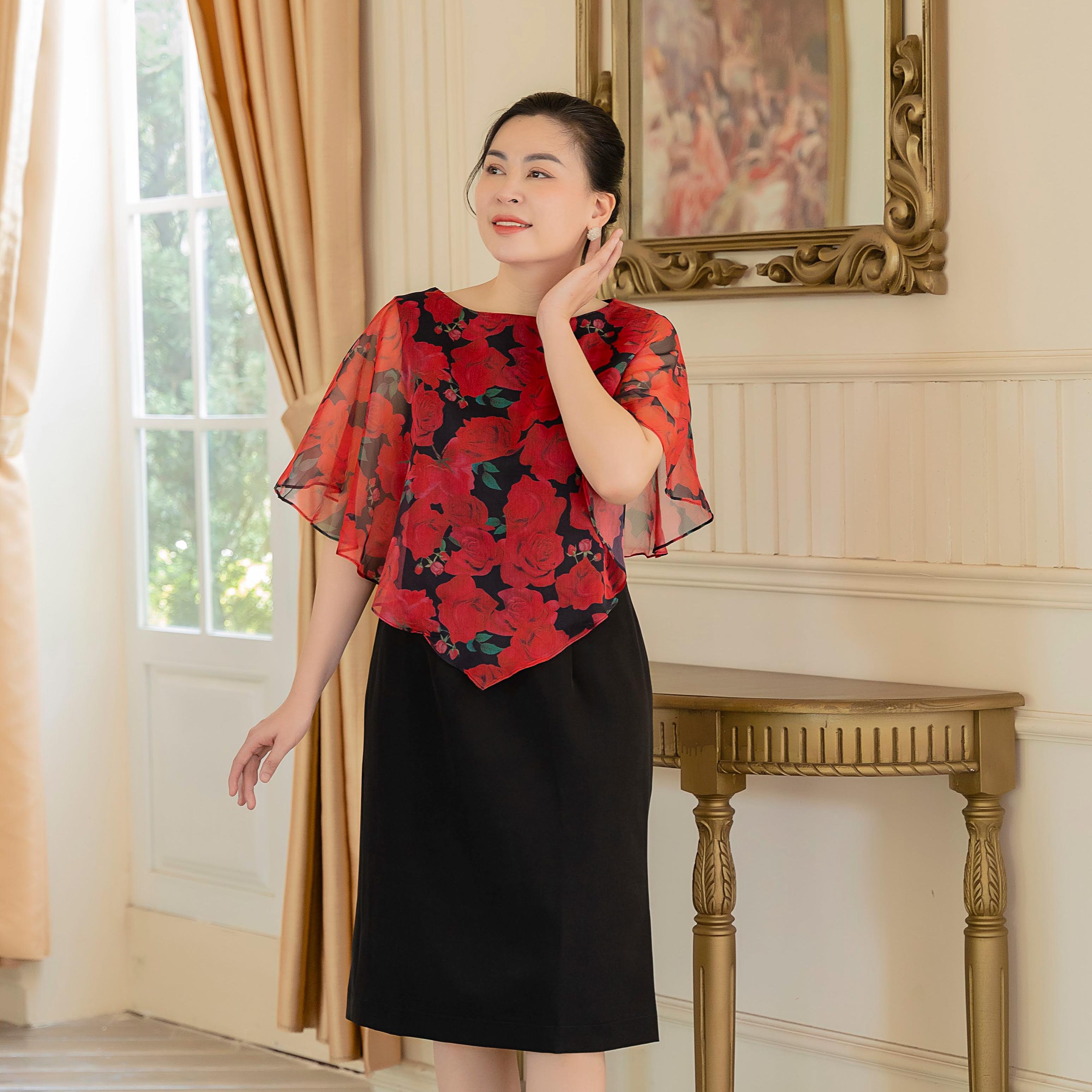 Đầm Trung Niên GUMOM U50 U60 Cao Cấp Cổ Tròn hoạ tiết Hoa Sang Trọng - Đầm quà tặng cho mẹ Nữ Women Dress Voan Voi Cotton_thumbnail_2