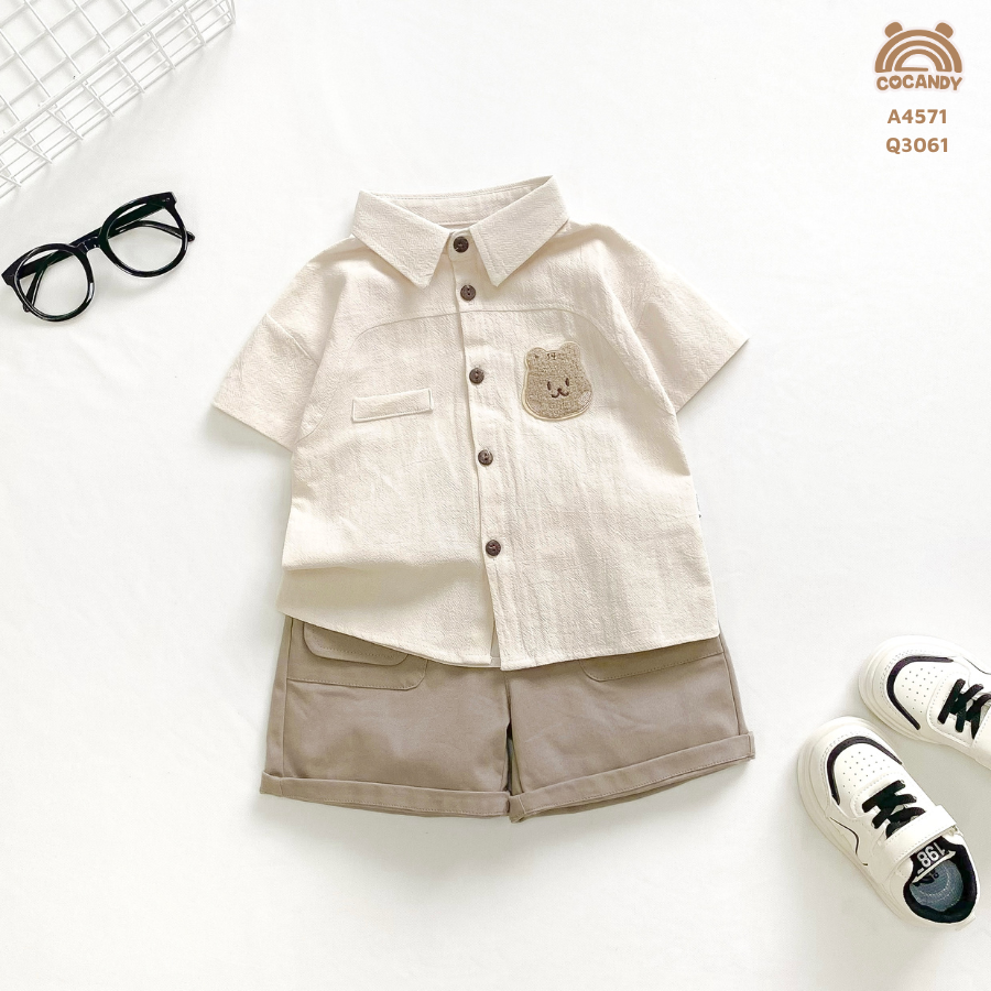 Áo cộc sơ mi BE phối ngực gấu_thumbnail_0